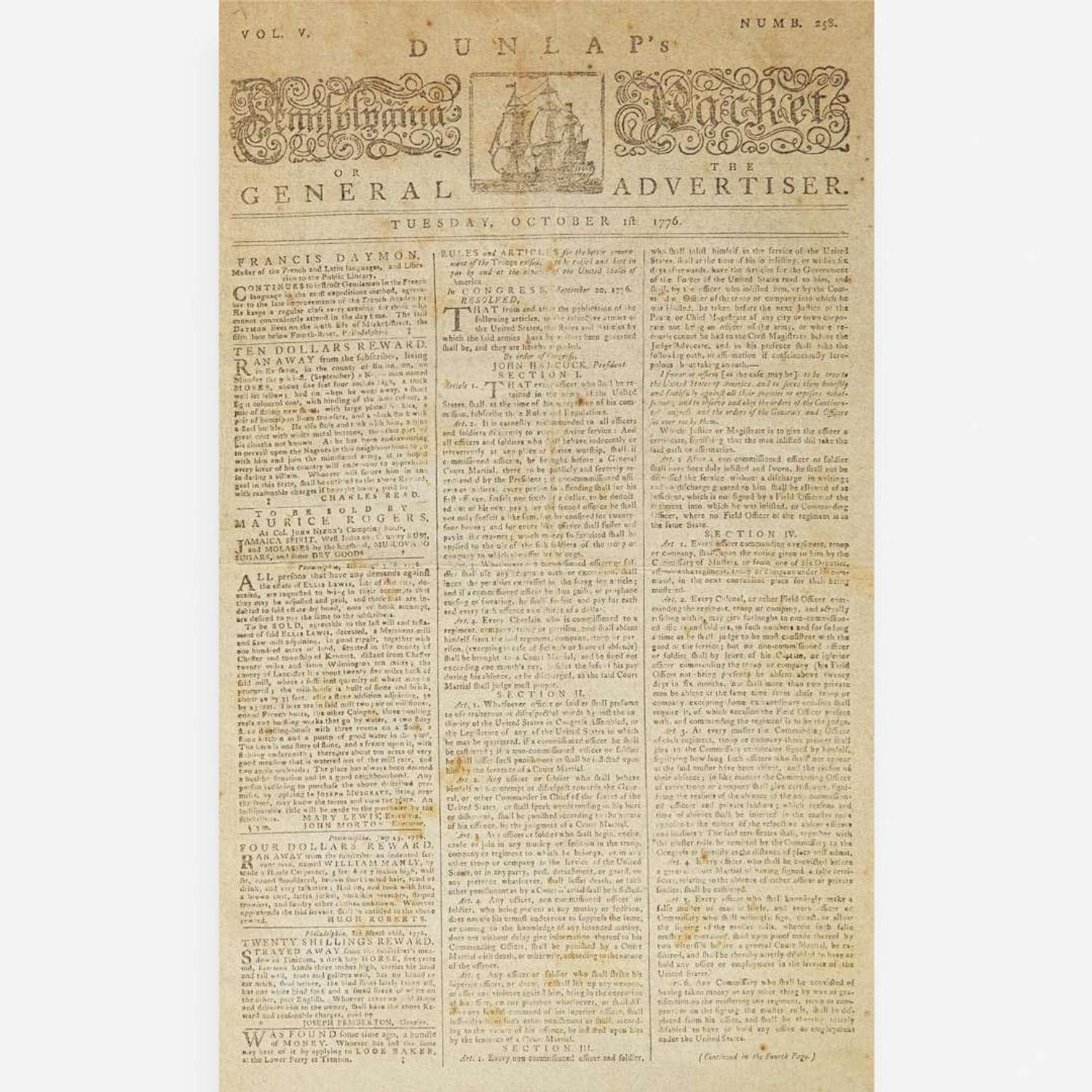 [American Revolution] [Hancock, John] Dunlap's Pennsylvania Packet Or The General Advertiser