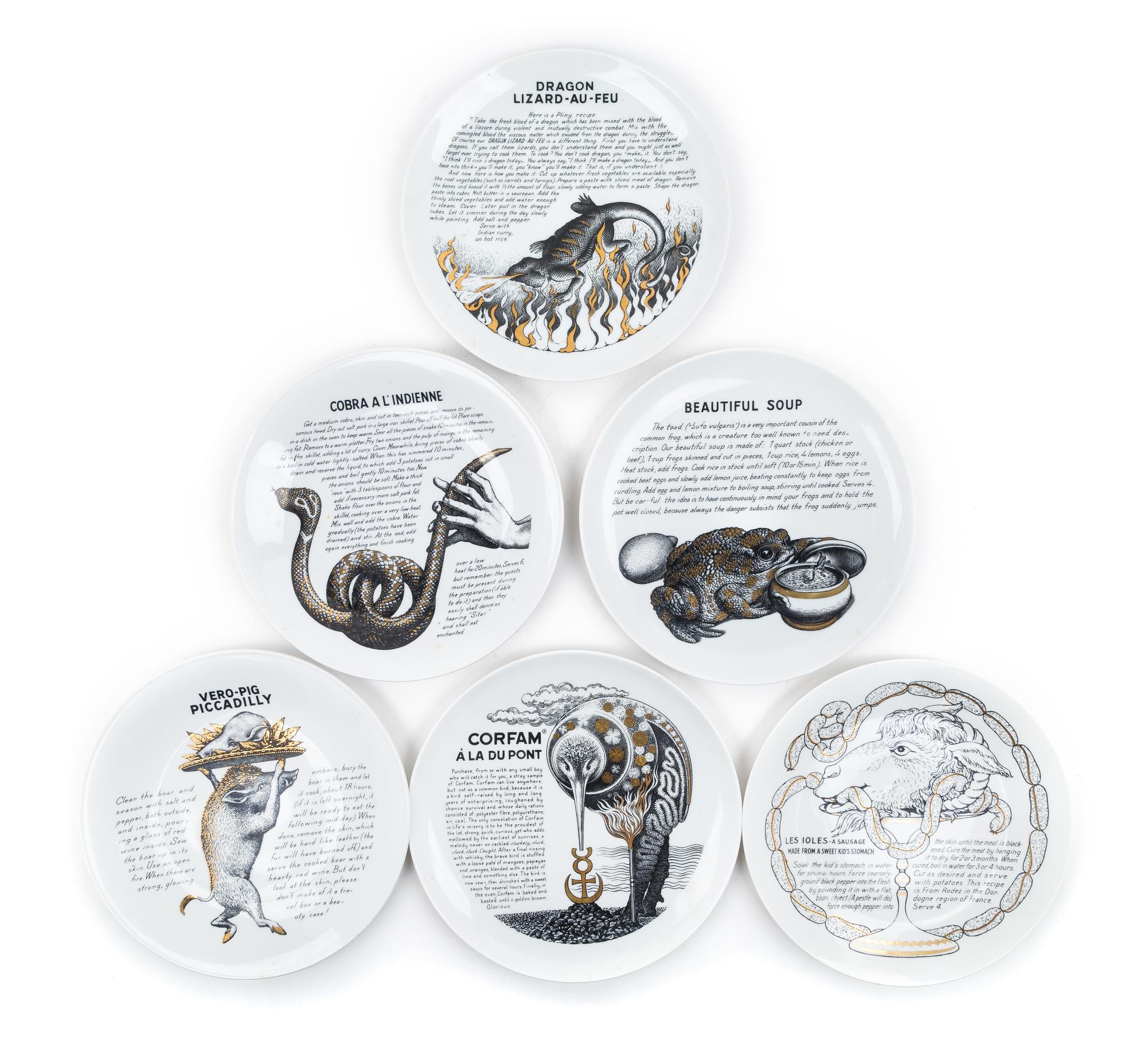 Piero Fornasetti (Italian, 1913-1988), Fleming Joffe Ltd., 1960s, a set of 6 Recipe plates, with gilt decoration