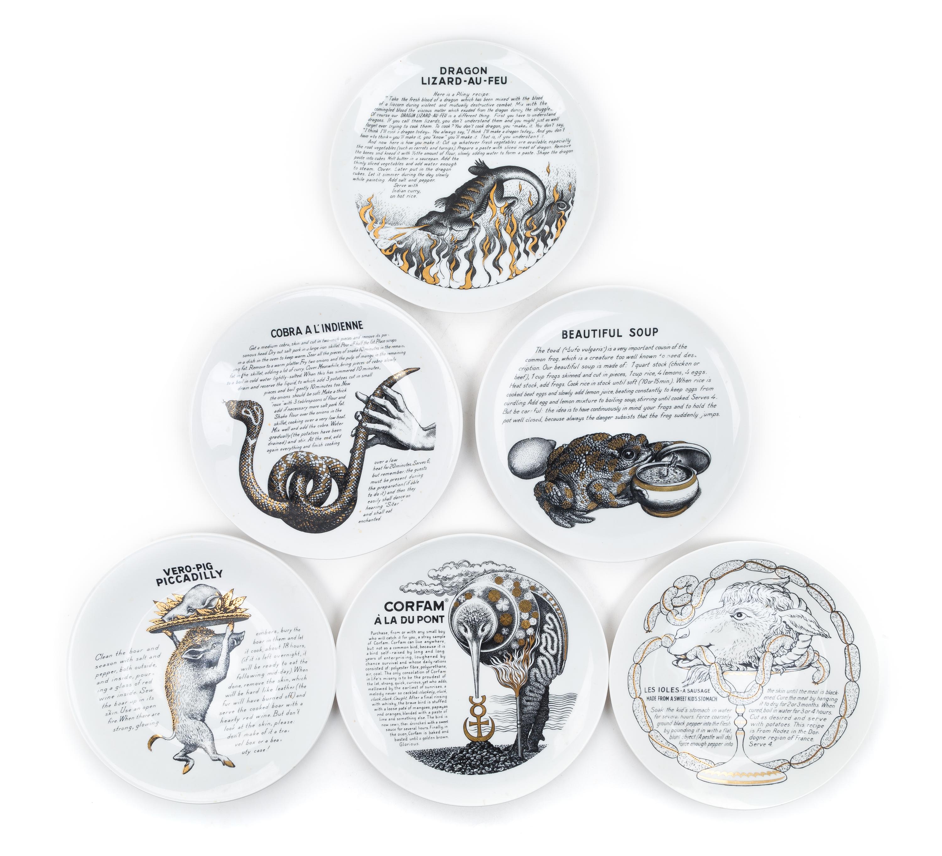 Piero Fornasetti (Italian, 1913-1988), Fleming Joffe Ltd., 1960s, a set of 6 Recipe plates, with gilt decoration