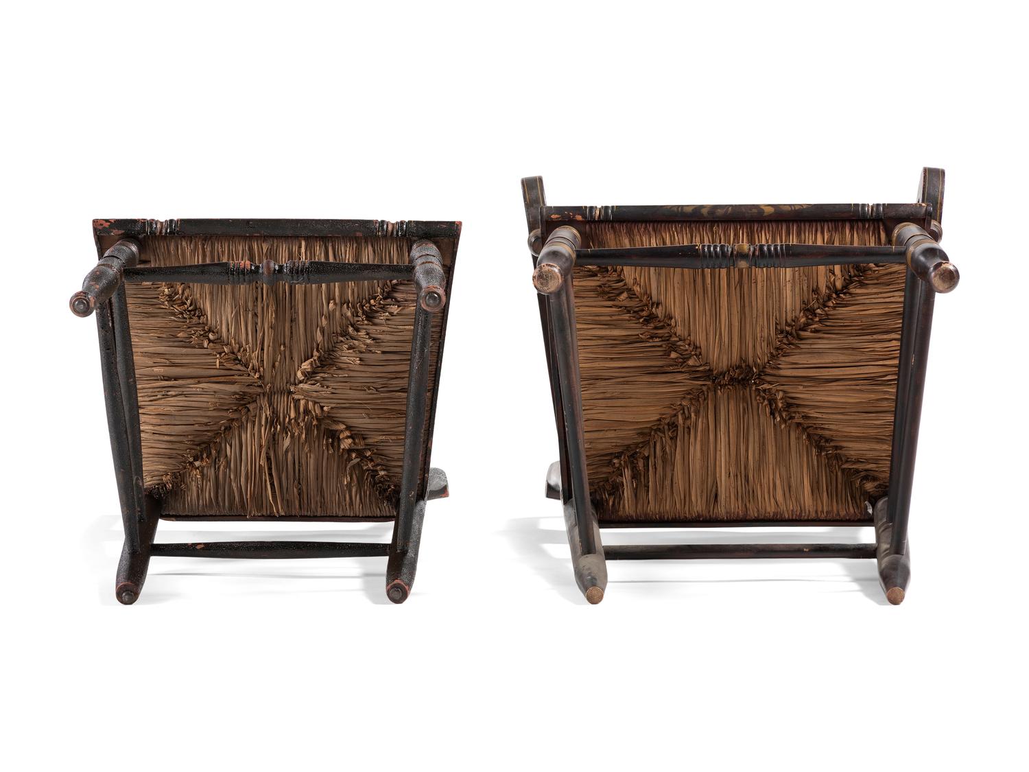 A Matched Set of Five Classical Black Painted and Stencil Decorated Rush-Seat Hitchcock Chairs