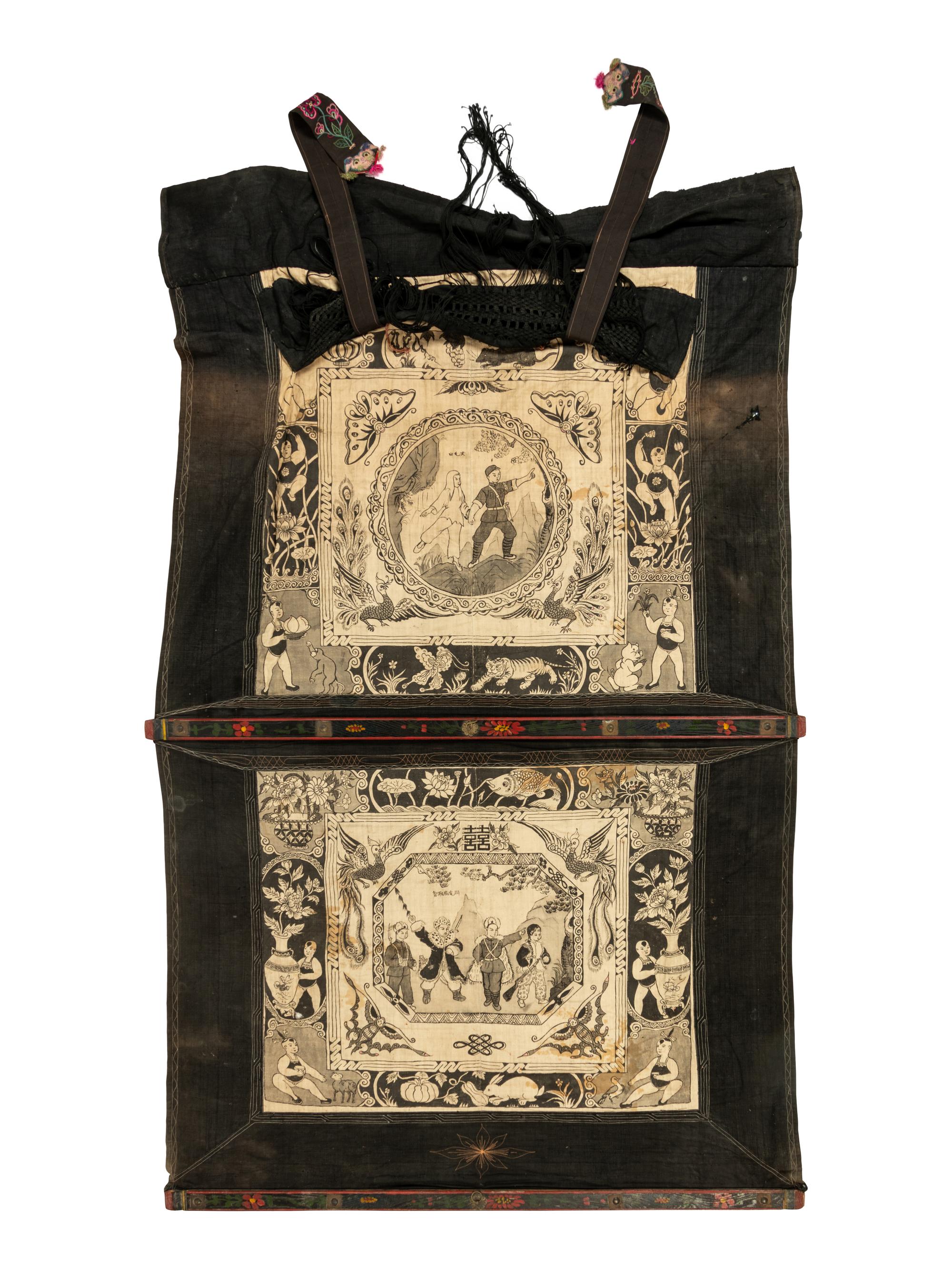 Four Chinese Painted Textile 'Wedding' Panels