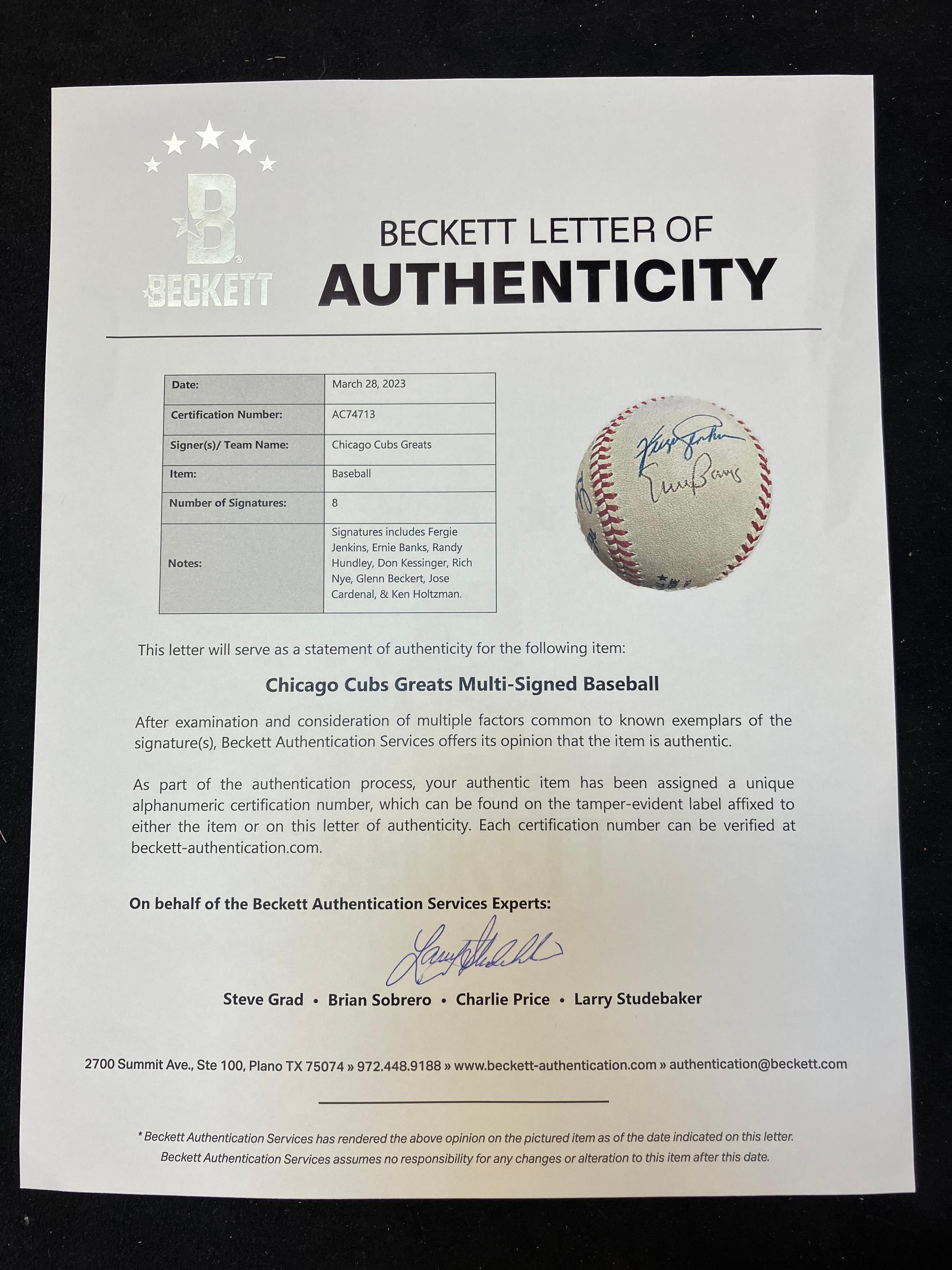 A Chicago Cubs Greats Signed Autograph Baseball (Beckett Authentication Services Letter),