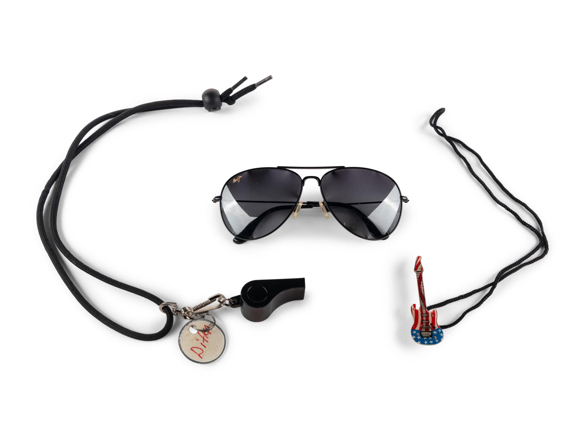 A Group of Mike Ditka's Personally Worn Aviator Sunglasses and Used Coaching Whistle