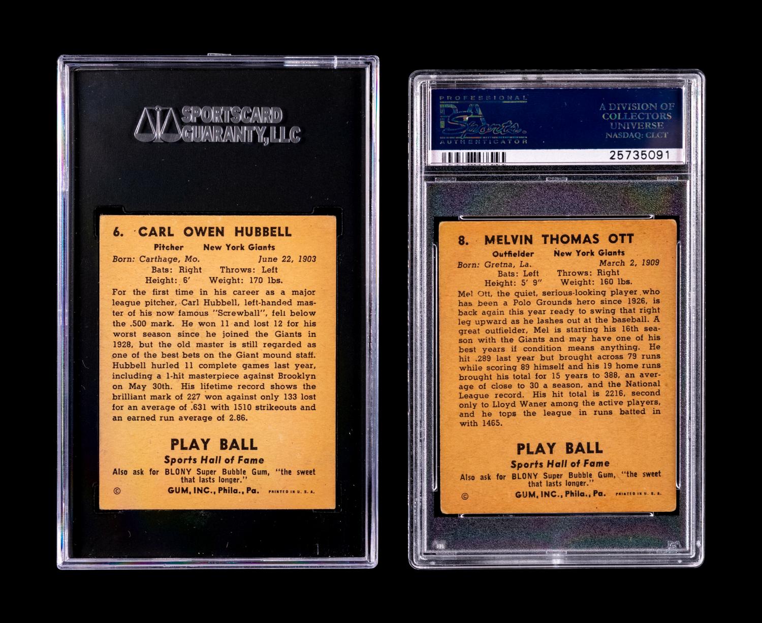A Group of Two Carl Hubbell and Mel Ott 1941 Play Ball Baseball Cards,