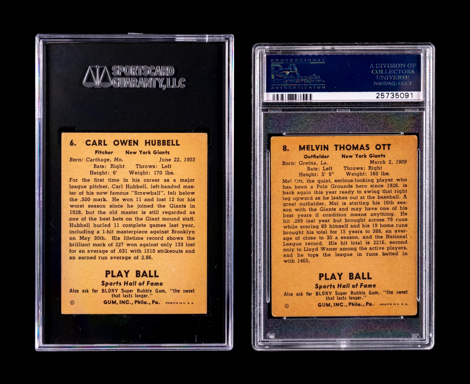 A Group of Two Carl Hubbell and Mel Ott 1941 Play Ball Baseball Cards,