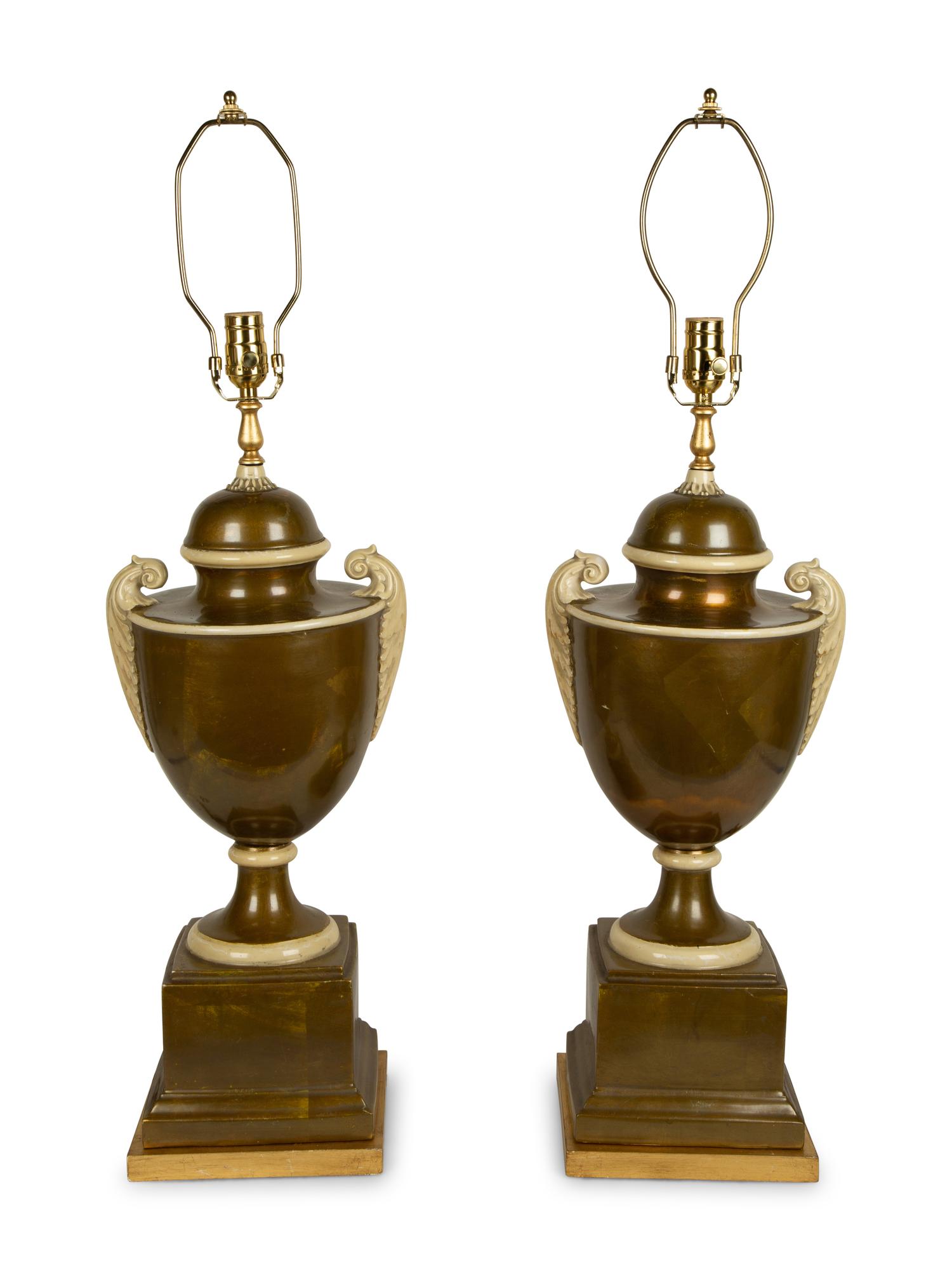 A Pair of Italian Green and White Glazed Pottery Urns Mounted as Lamps — 19TH/20TH CENTURY