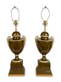 A Pair of Italian Green and White Glazed Pottery Urns Mounted as Lamps — 19TH/20TH CENTURY