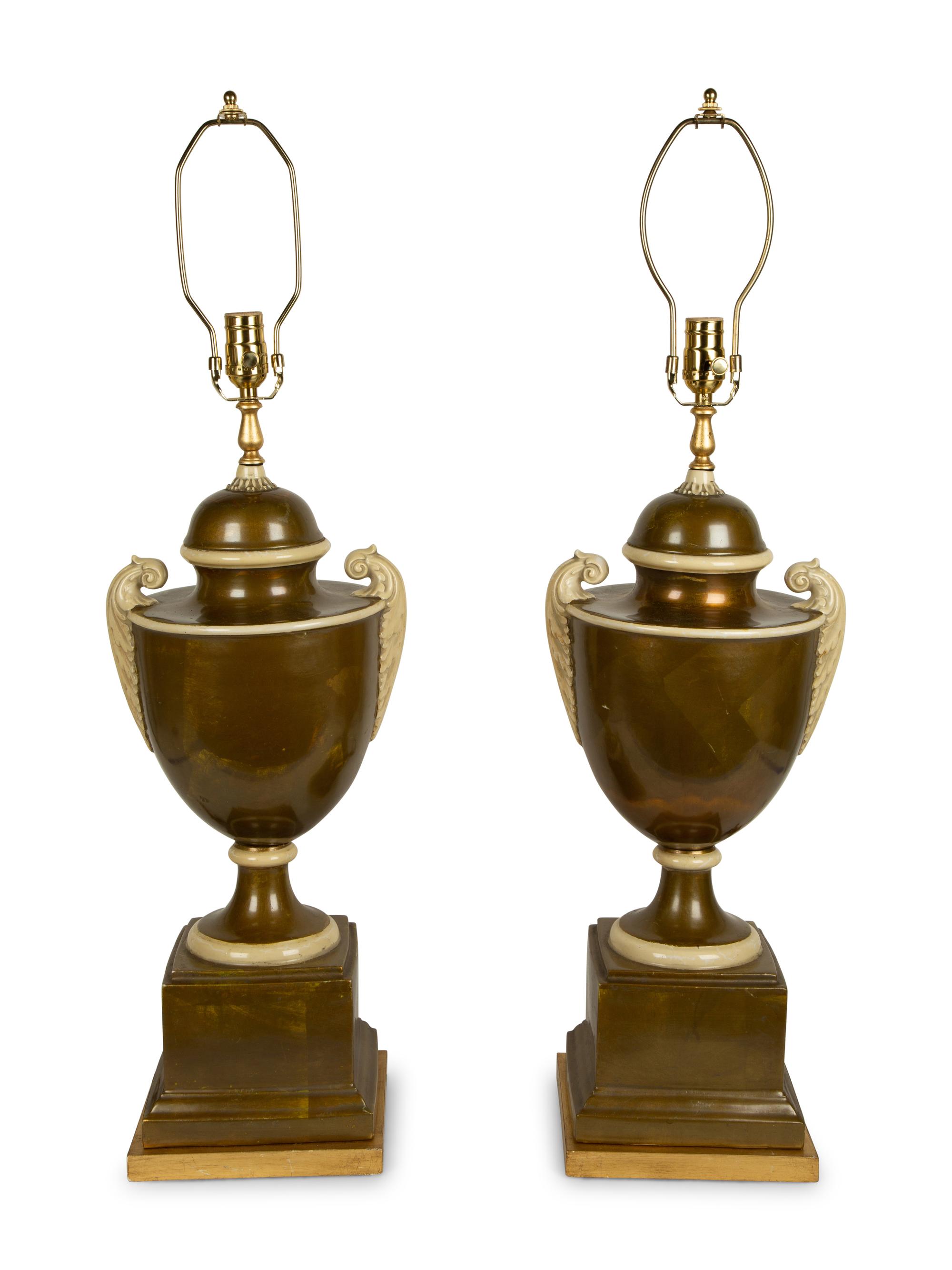 A Pair of Italian Green and White Glazed Pottery Urns Mounted as Lamps — 19TH/20TH CENTURY