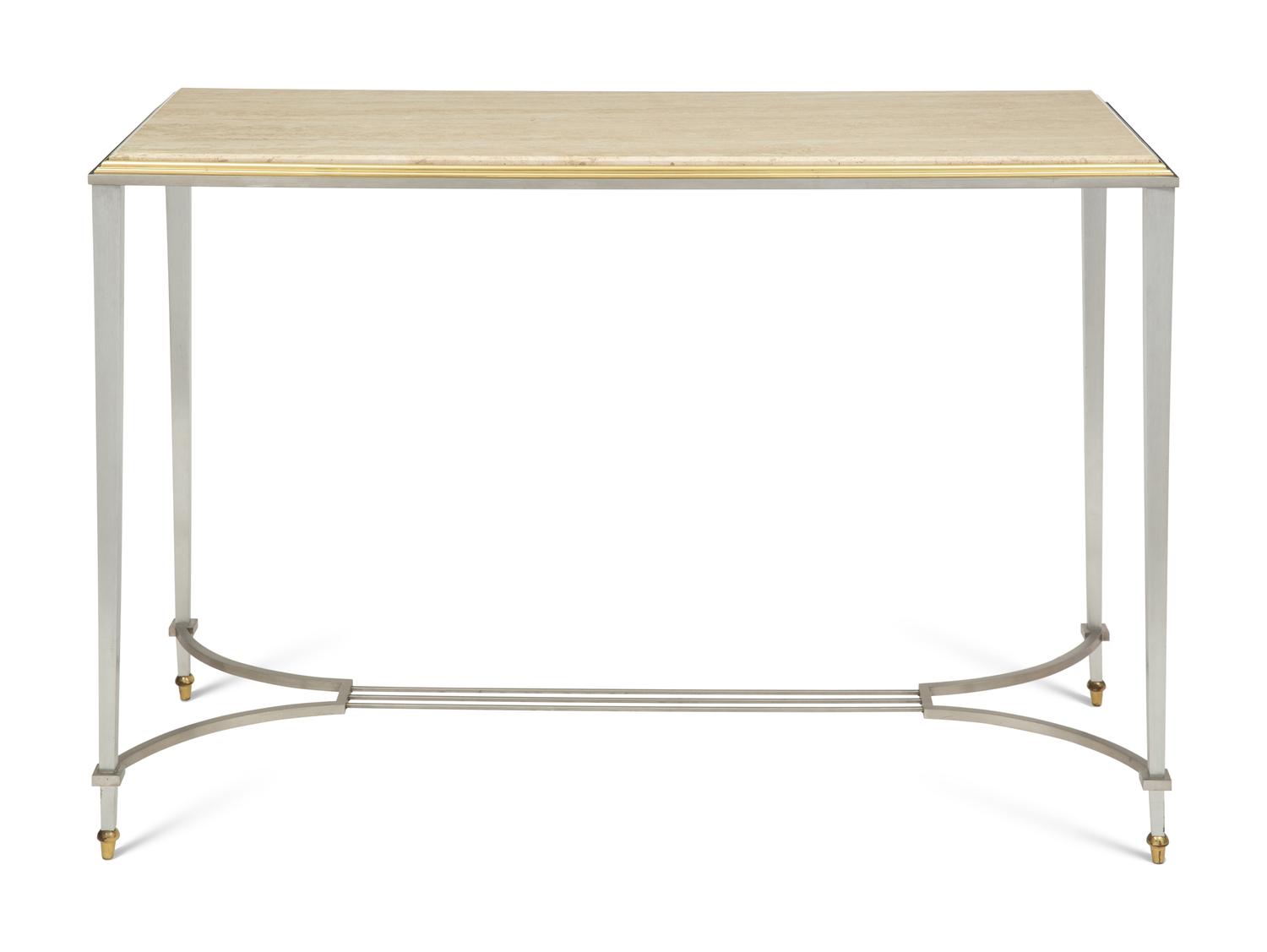 A Brass-Mounted Steel Travertine Top Console Table