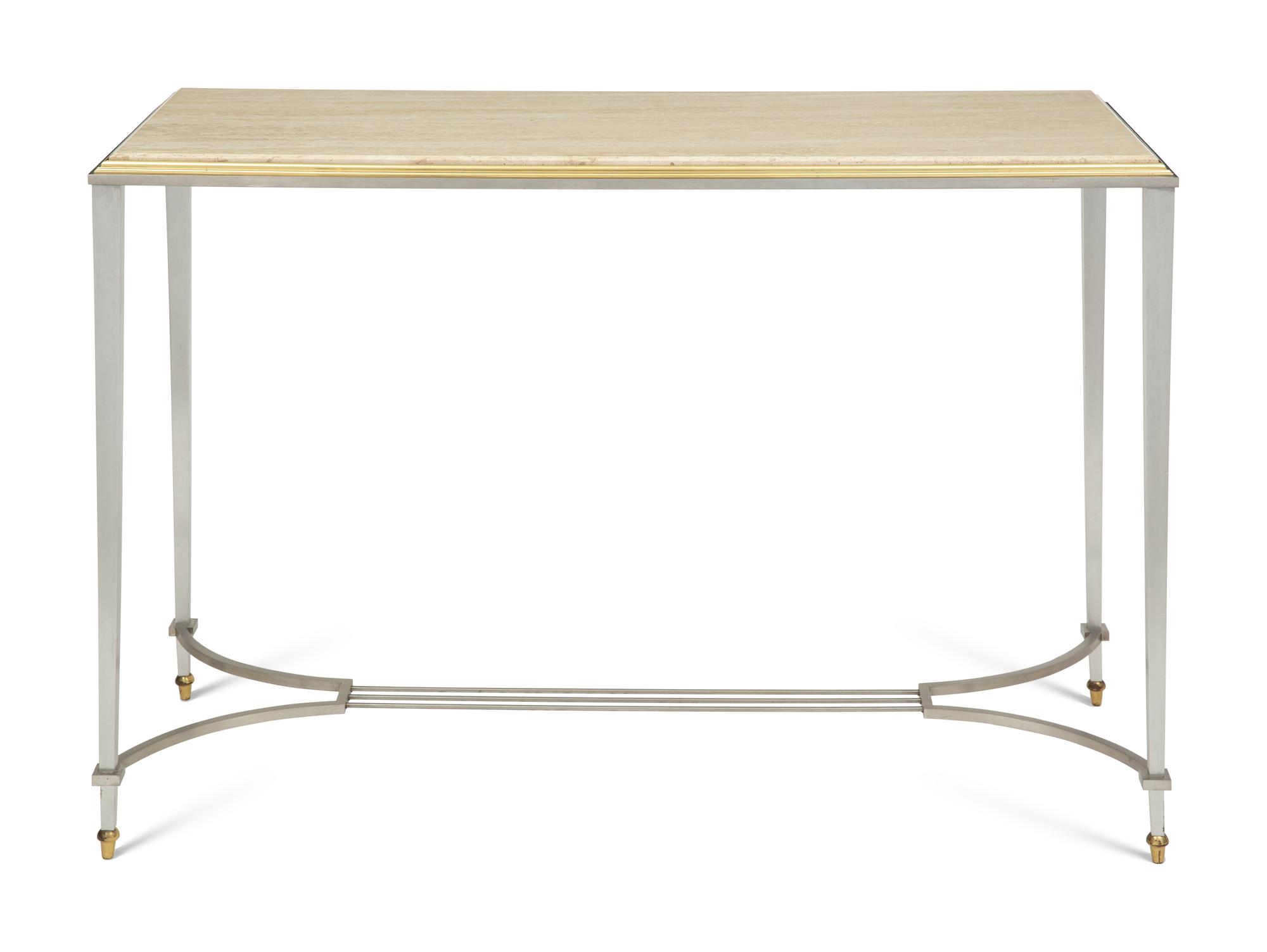 A Brass-Mounted Steel Travertine Top Console Table