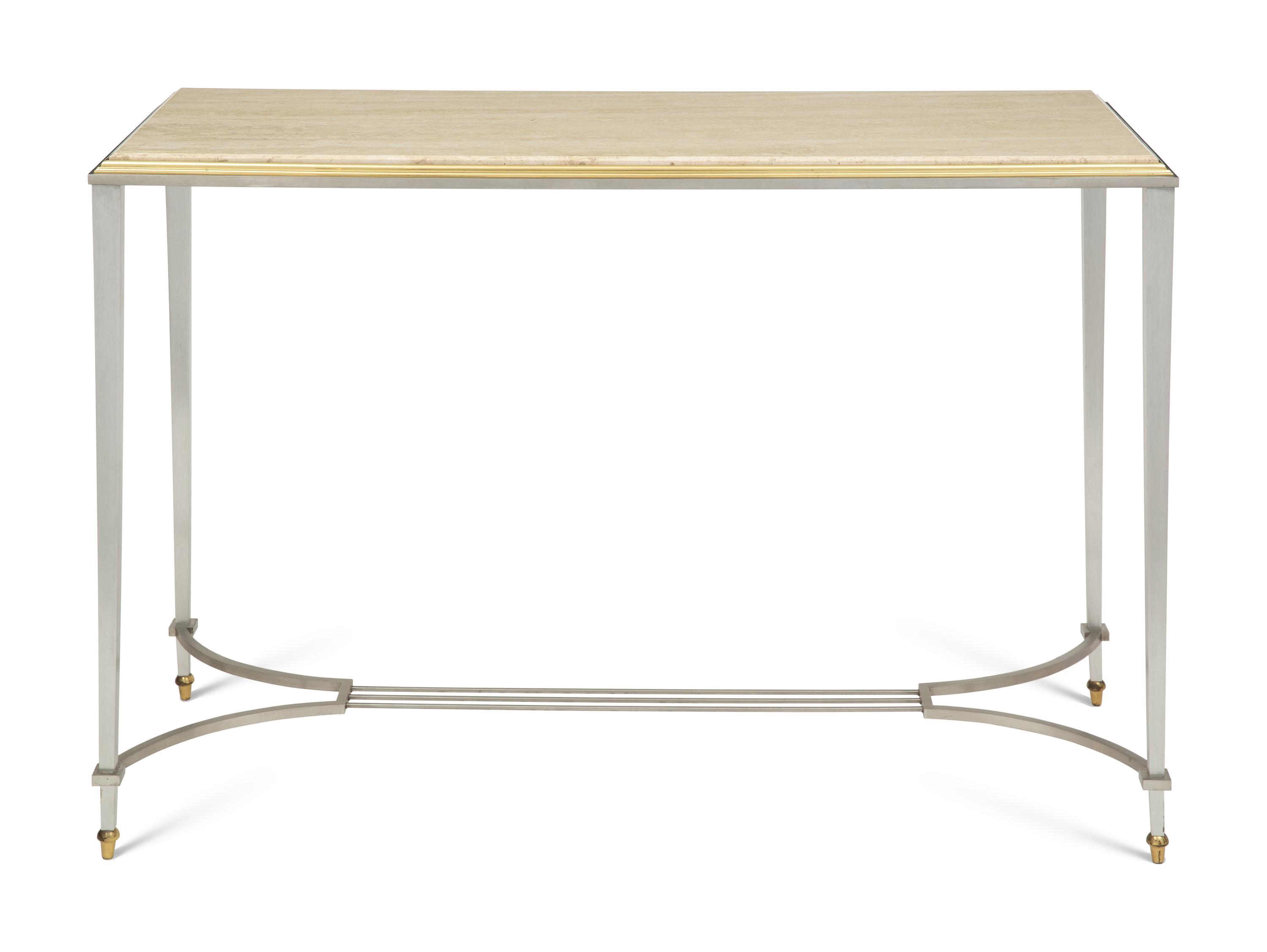 A Brass-Mounted Steel Travertine Top Console Table