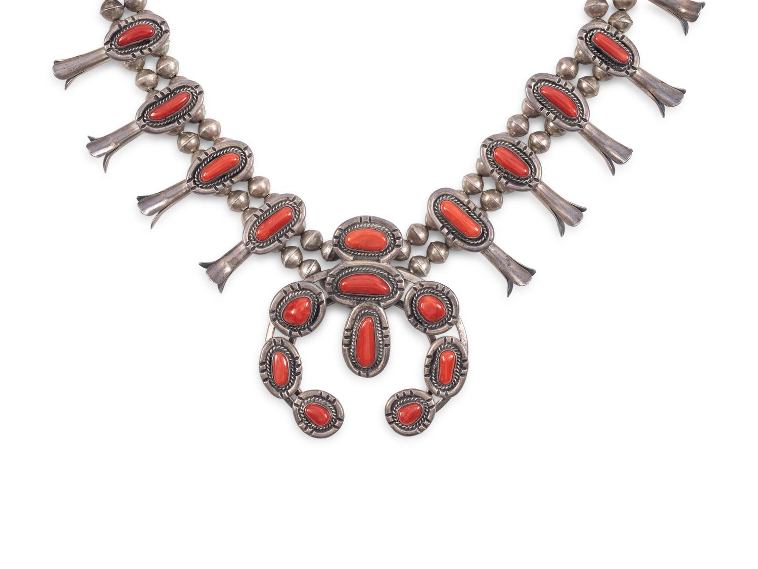 Navajo Silver and Coral Squash Blossom Necklace