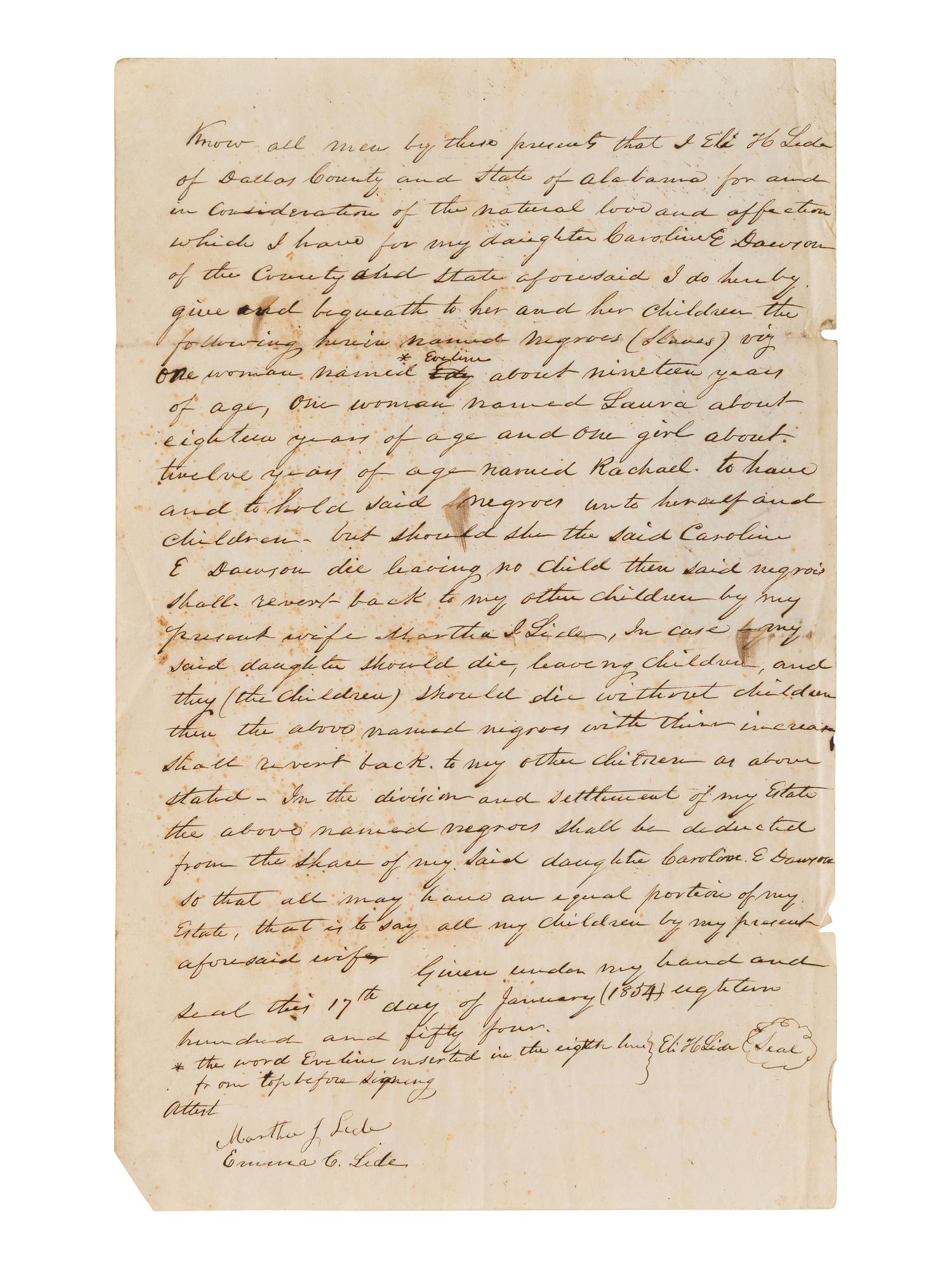 [ENSLAVEMENT]. Manuscript will bequeathing 3 enslaved women to testator's daughter. Alabama, 1854.