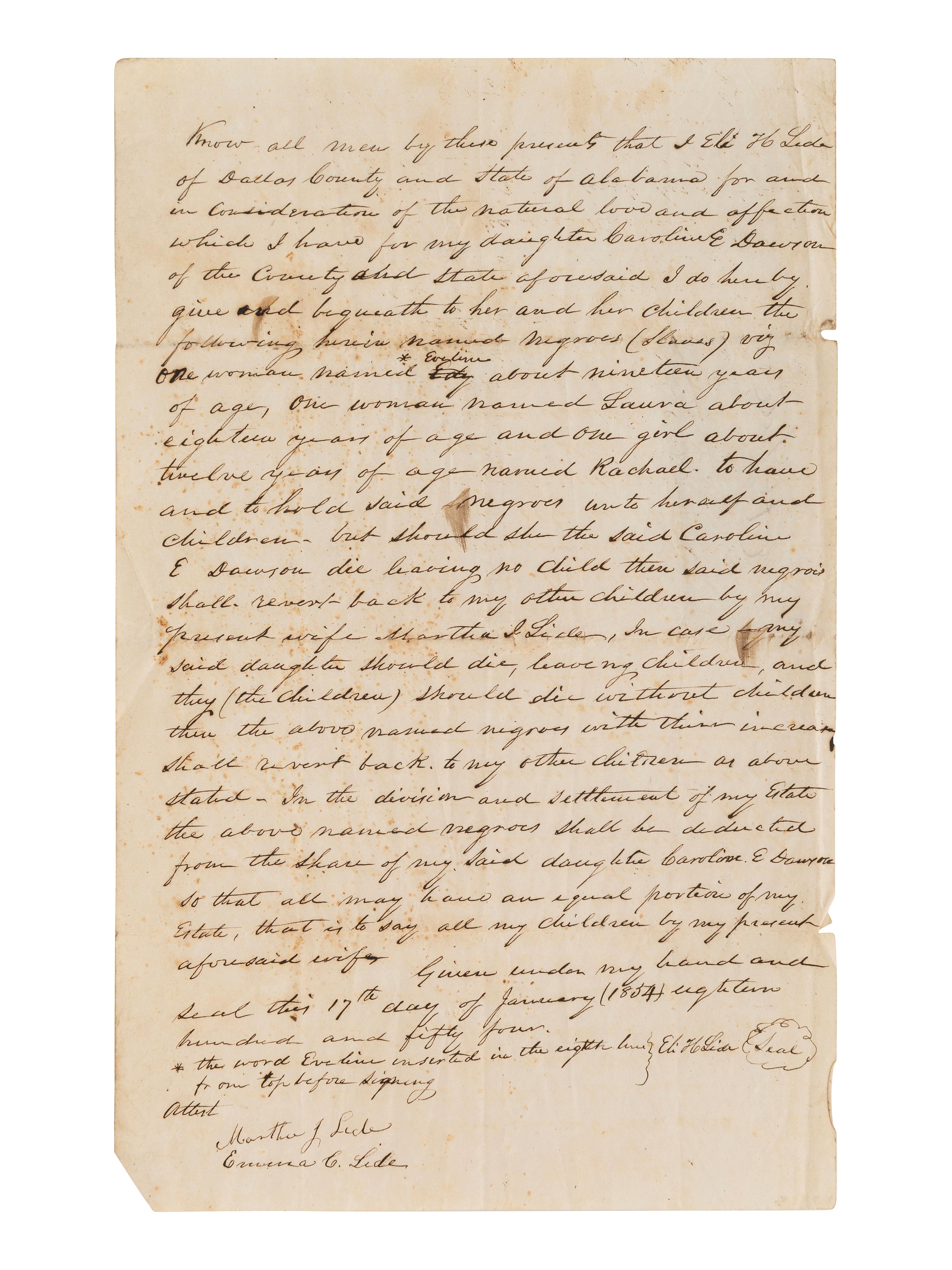 [ENSLAVEMENT]. Manuscript will bequeathing 3 enslaved women to testator's daughter. Alabama, 1854.