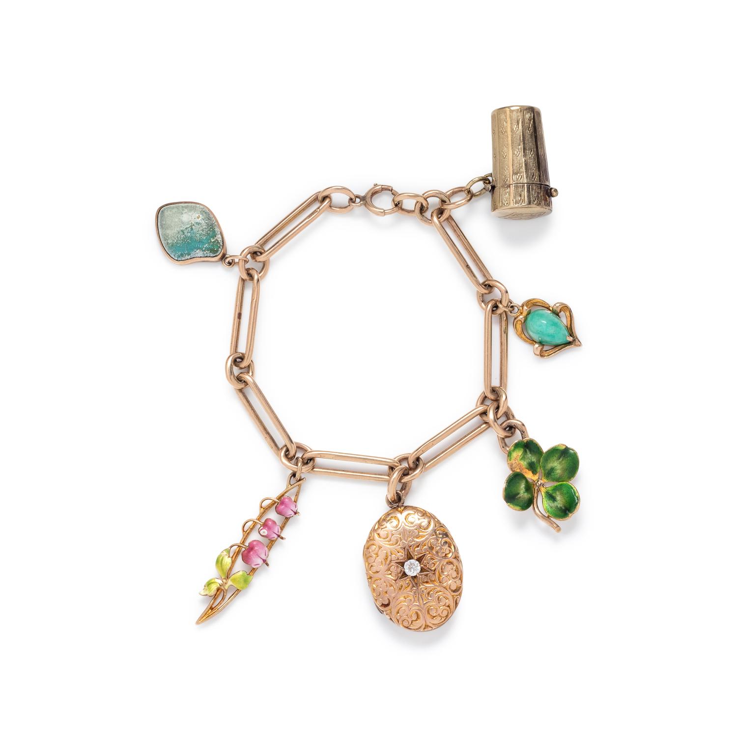 ANTIQUE, YELLOW GOLD CHARM BRACELET