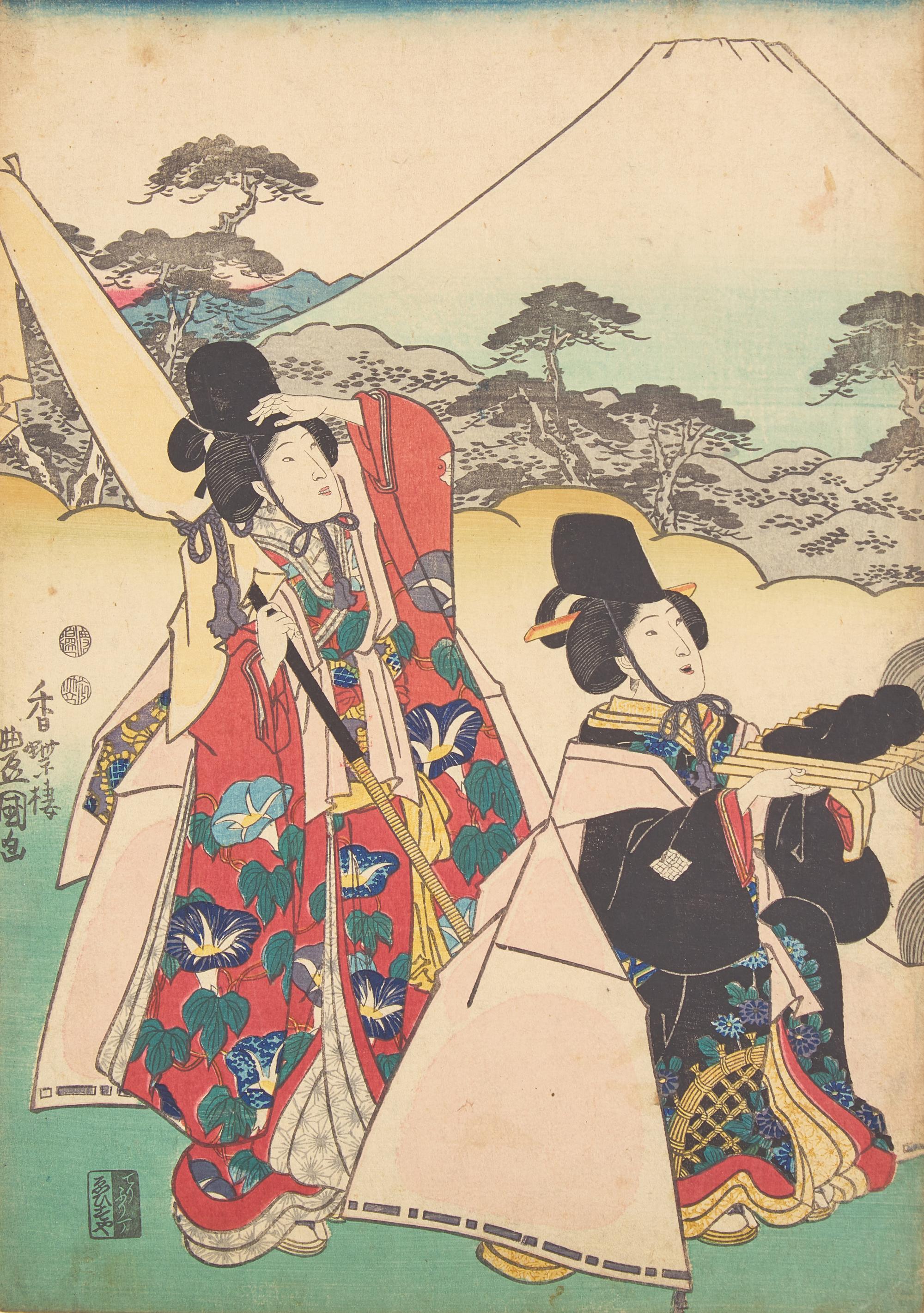 Three Japanese Woodblock Triptychs, including Hiroshige, Hiroshige II and Kunisada