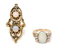 A Collection of 14 Karat Yellow Gold, Opal, and Diamond Rings, 2.80 dwts.