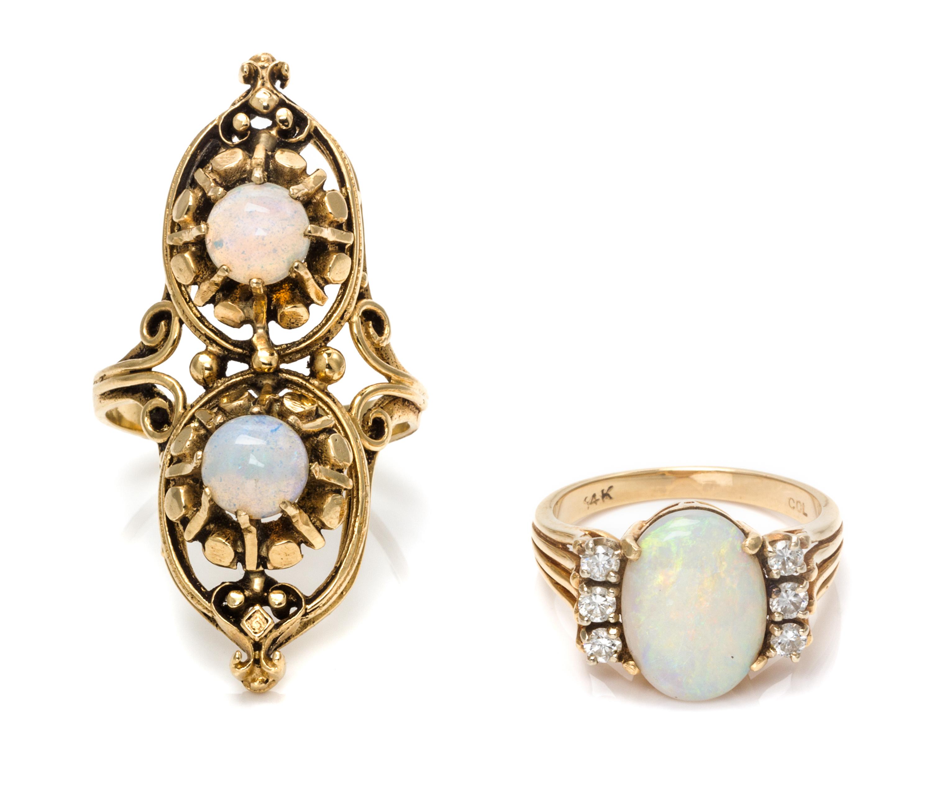 A Collection of 14 Karat Yellow Gold, Opal, and Diamond Rings, 2.80 dwts.