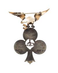 Gold and silver II Corps badge presented to Lt. Colonel Charles Kochersperger, Company F, 71st Pennsylvania (1st California Regiment), May 1864. Manufactured by J. Somerset, Philadelphia, PA.