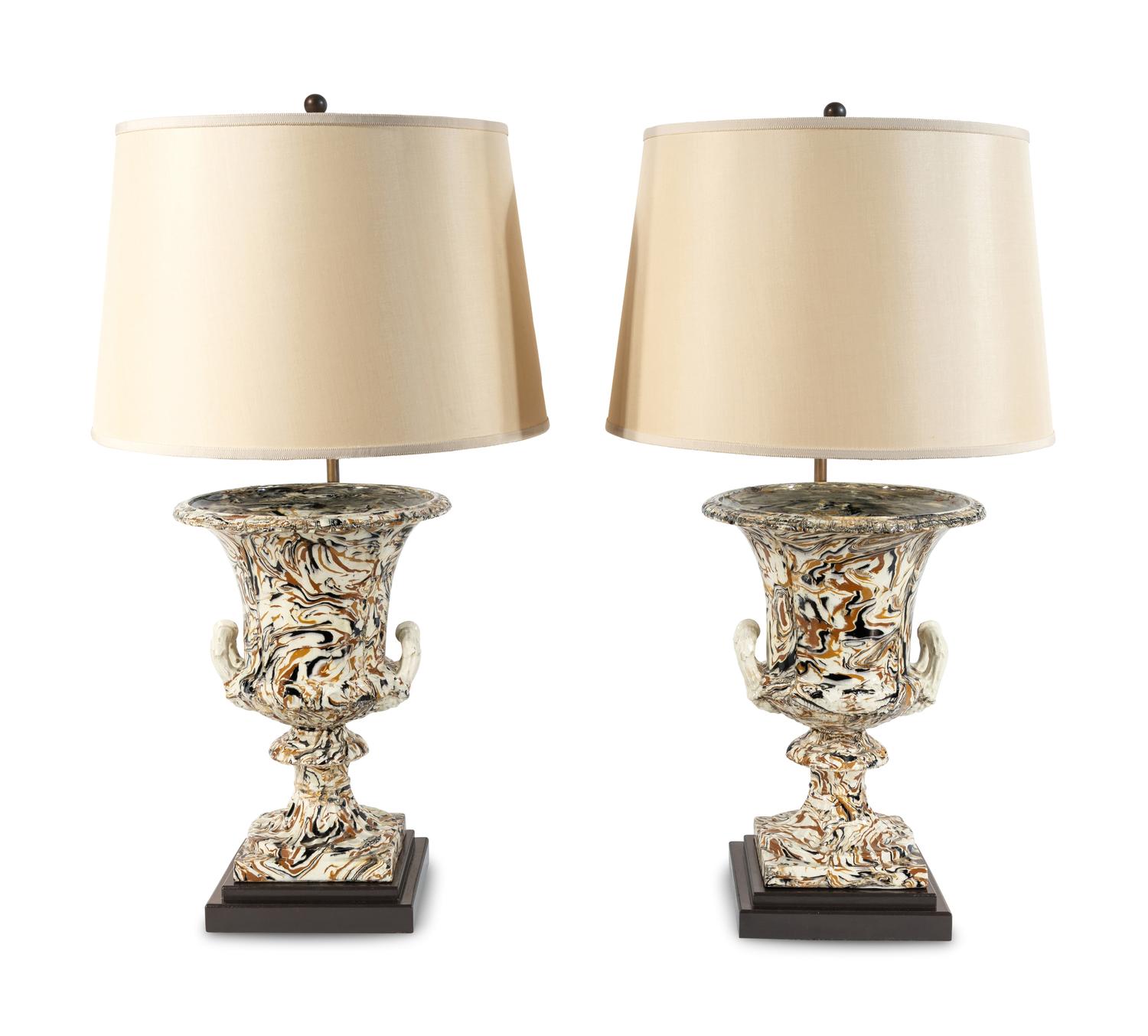 A Pair of Marble-Glazed Terracotta Urns Mounted as Lamps