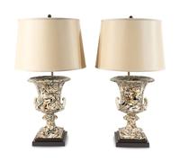 A Pair of Marble-Glazed Terracotta Urns Mounted as Lamps