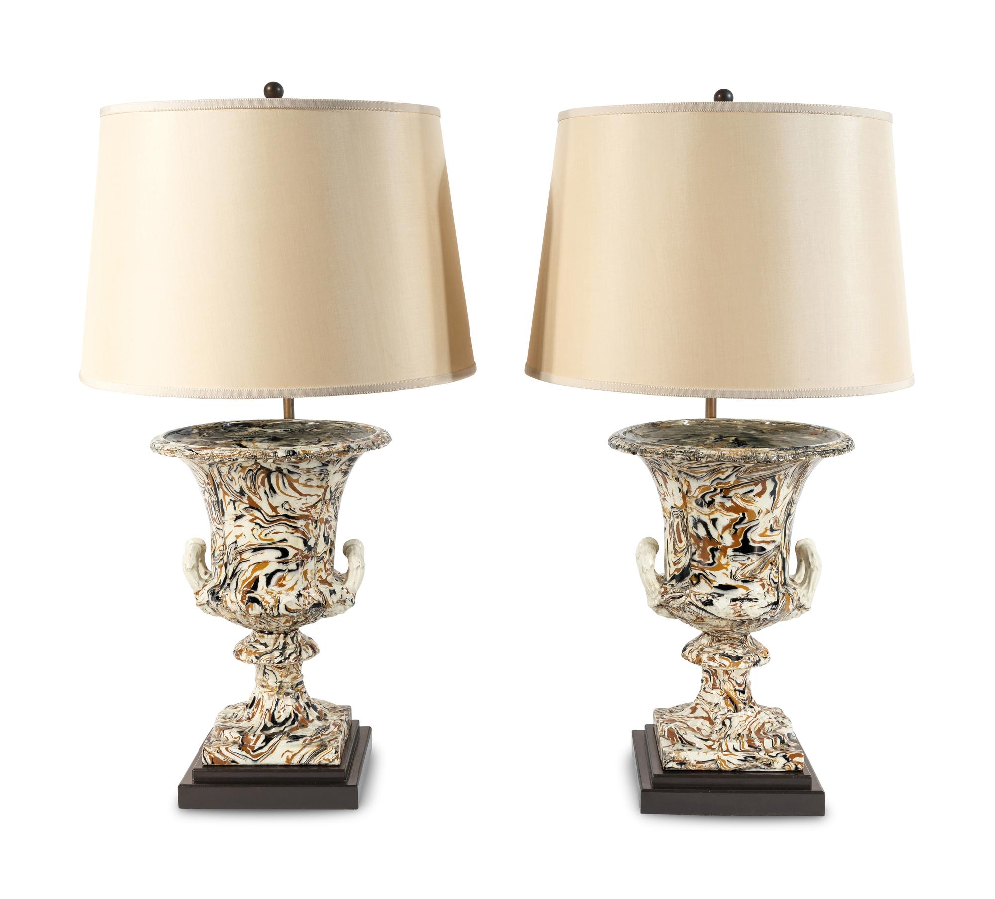 A Pair of Marble-Glazed Terracotta Urns Mounted as Lamps