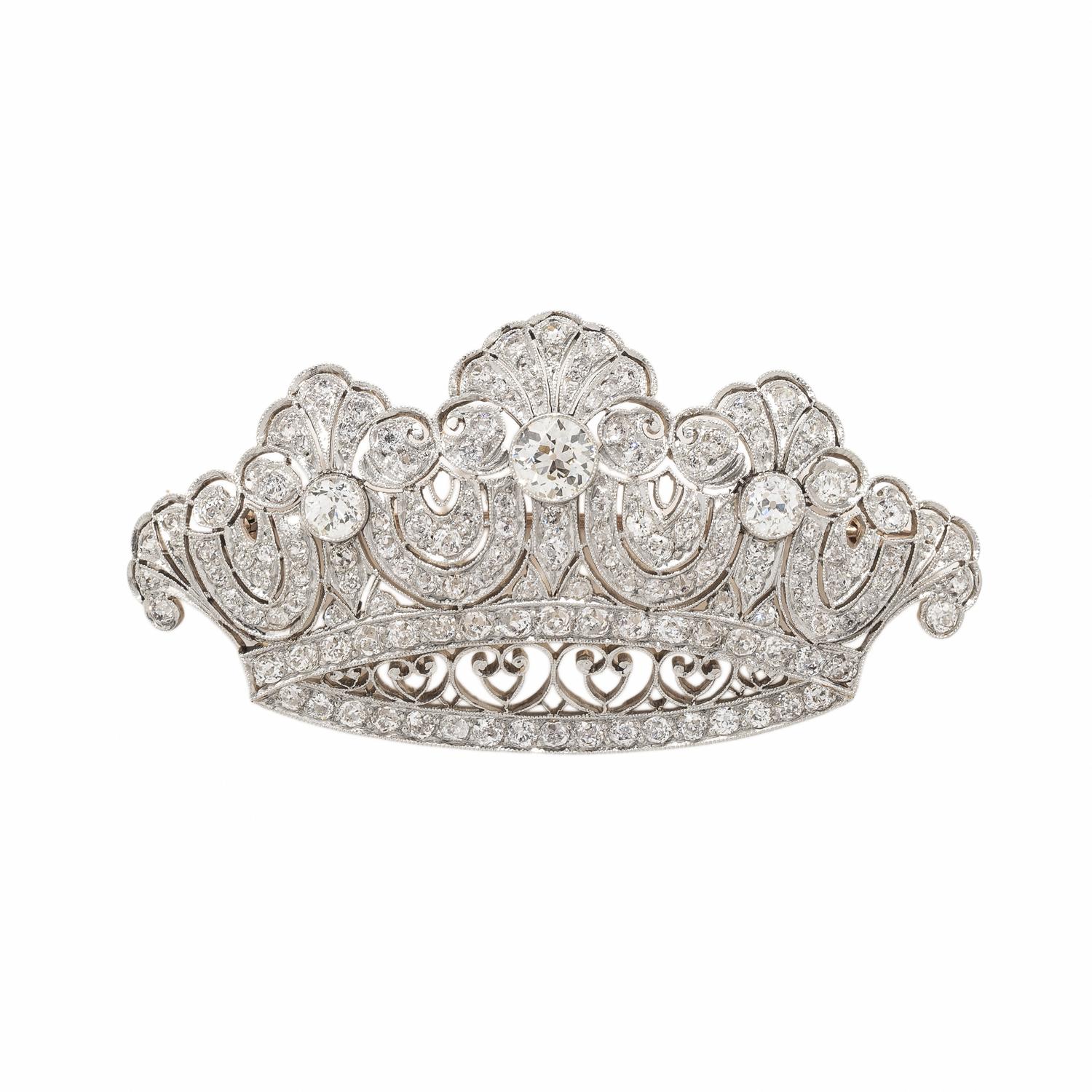 DIAMOND AND PLATINUM-TOPPED GOLD CROWN BROOCH