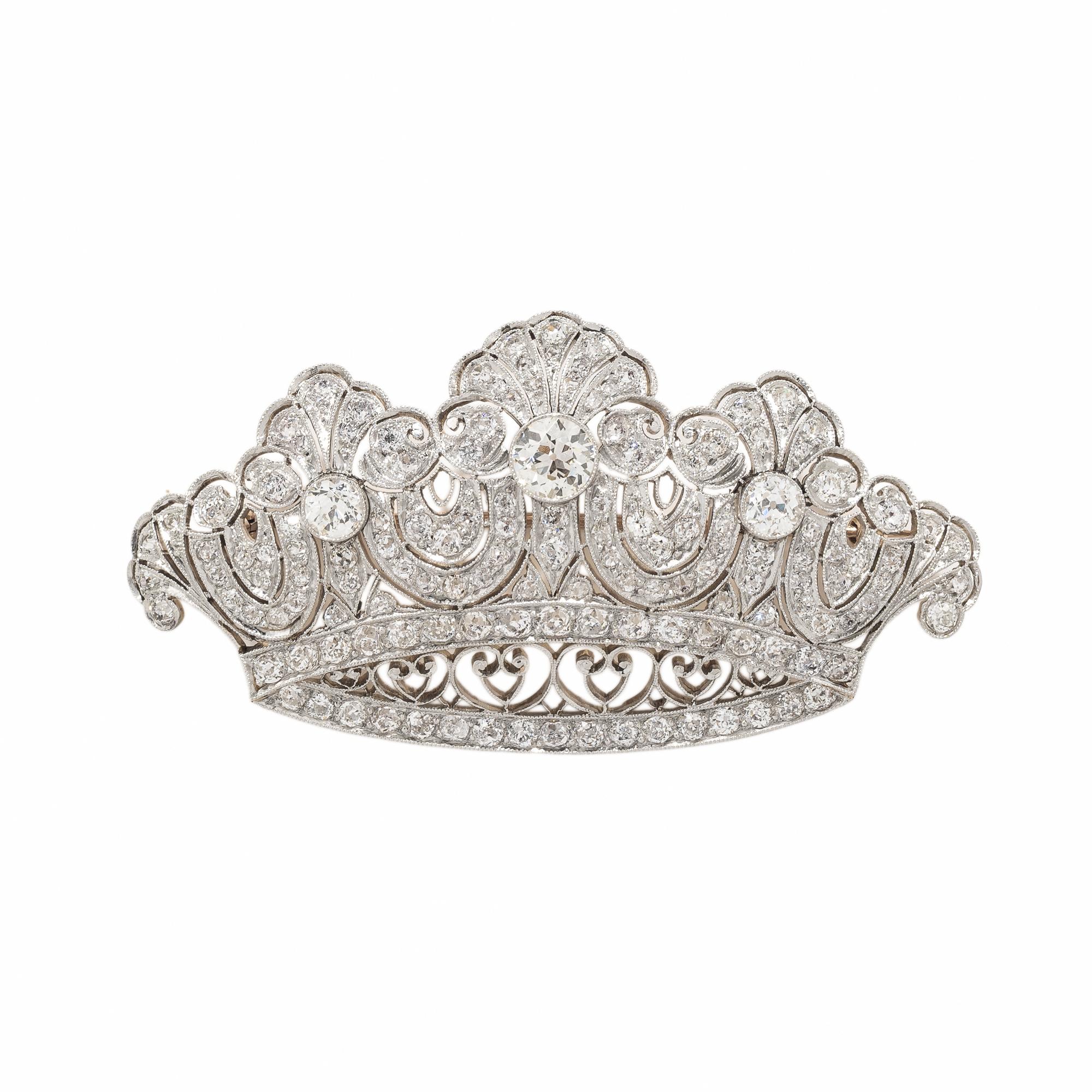 DIAMOND AND PLATINUM-TOPPED GOLD CROWN BROOCH