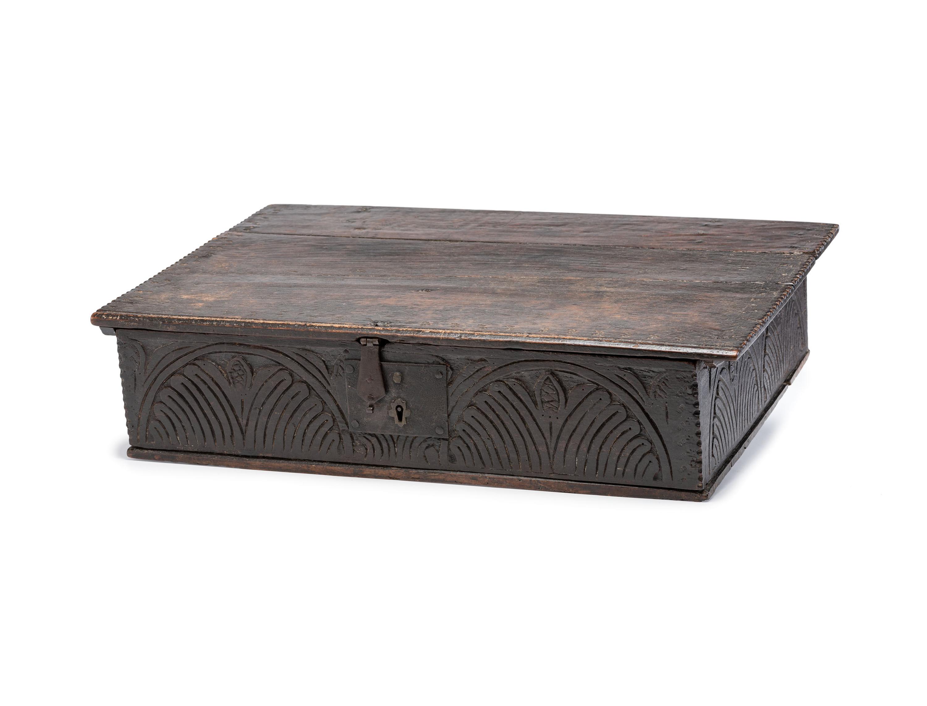 A Pilgrim Century Carved Oak Document Box