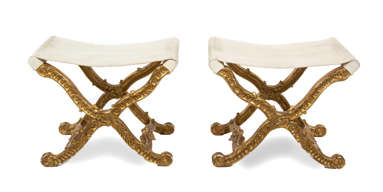 A Pair of Italian Rococo Style Giltwood Tabourets, LATE 20TH CENTURY, Height 19 1/4 x width 22 x depth 16 inches. — LATE 20TH CENTURY,