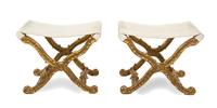 A Pair of Italian Rococo Style Giltwood Tabourets, LATE 20TH CENTURY, Height 19 1/4 x width 22 x depth 16 inches. — LATE 20TH CENTURY,