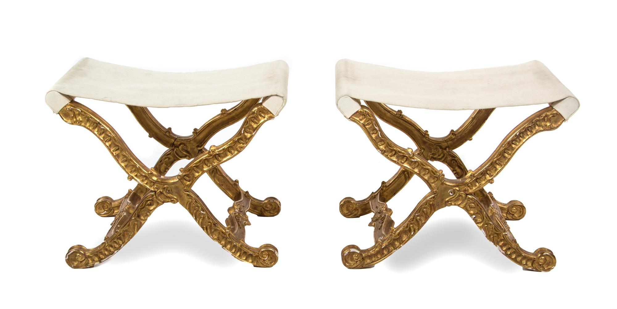 A Pair of Italian Rococo Style Giltwood Tabourets, LATE 20TH CENTURY, Height 19 1/4 x width 22 x depth 16 inches. — LATE 20TH CENTURY,