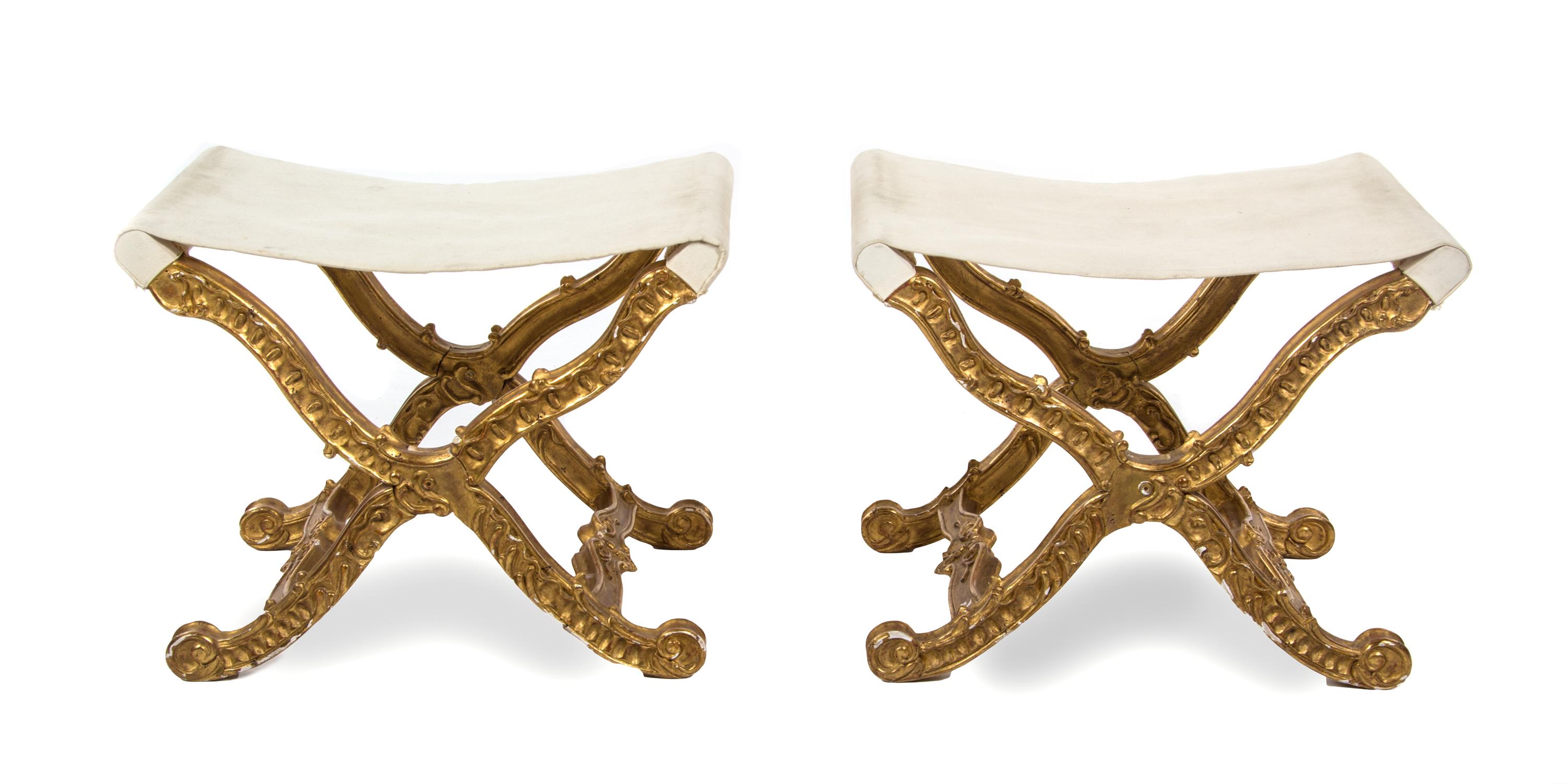 A Pair of Italian Rococo Style Giltwood Tabourets, LATE 20TH CENTURY, Height 19 1/4 x width 22 x depth 16 inches. — LATE 20TH CENTURY,
