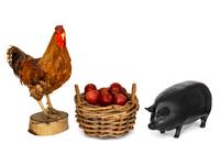 A Large Basket of Faux Apples, Additional Apples in Living Room, a Pig and a Rooster