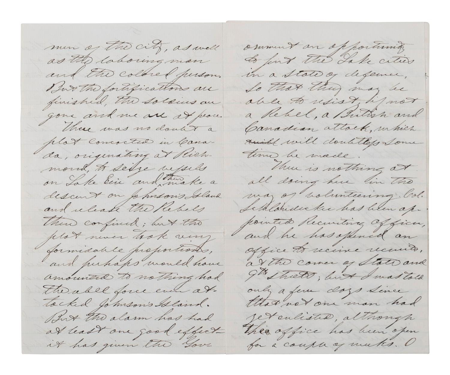 [CIVIL WAR]. Military preparations against a rebel attack by way of Canada and Lake Erie described in 18 pp. letter to Lt. Col. McCreary of the 145th Pennsylvania.