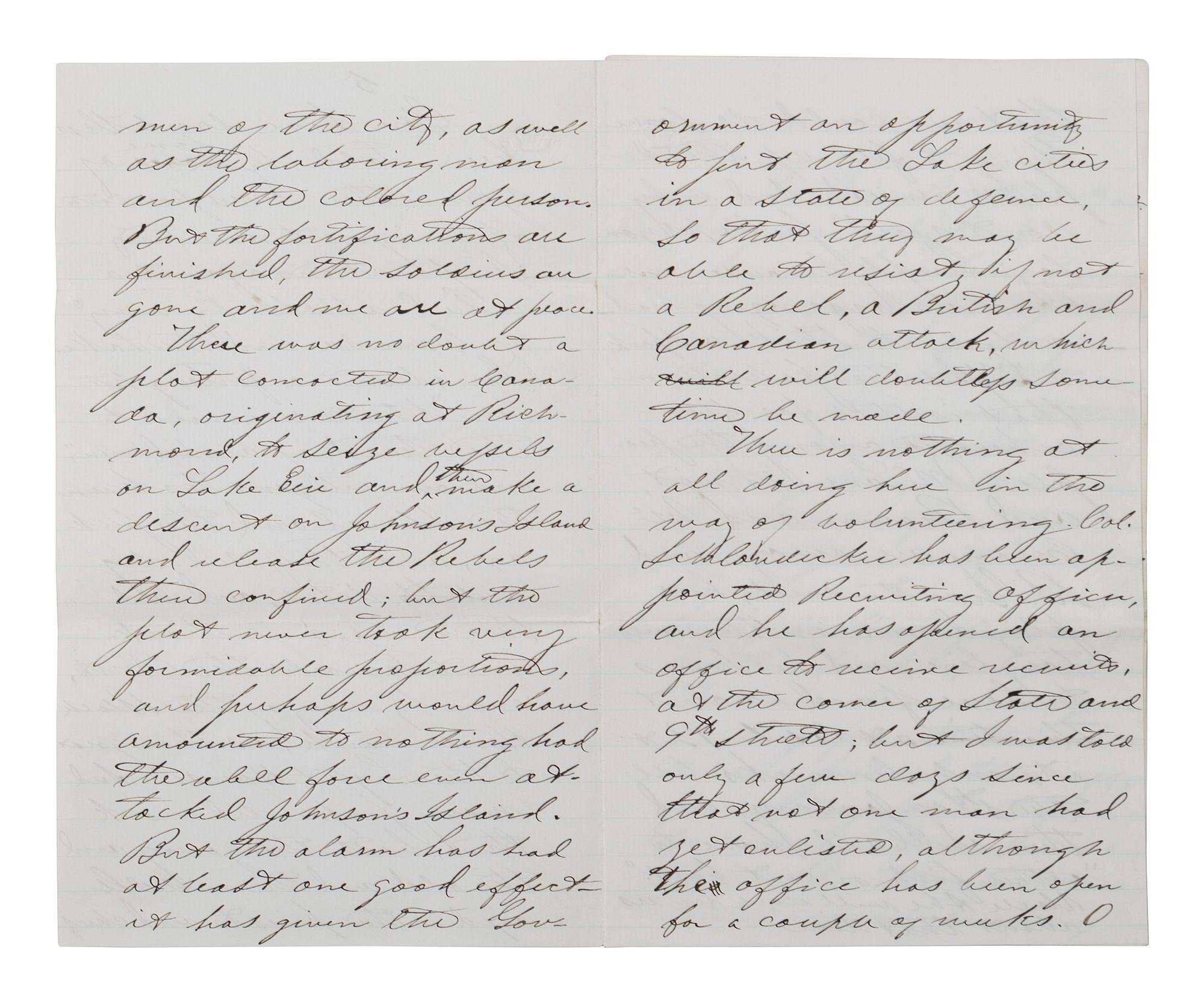 [CIVIL WAR]. Military preparations against a rebel attack by way of Canada and Lake Erie described in 18 pp. letter to Lt. Col. McCreary of the 145th Pennsylvania.