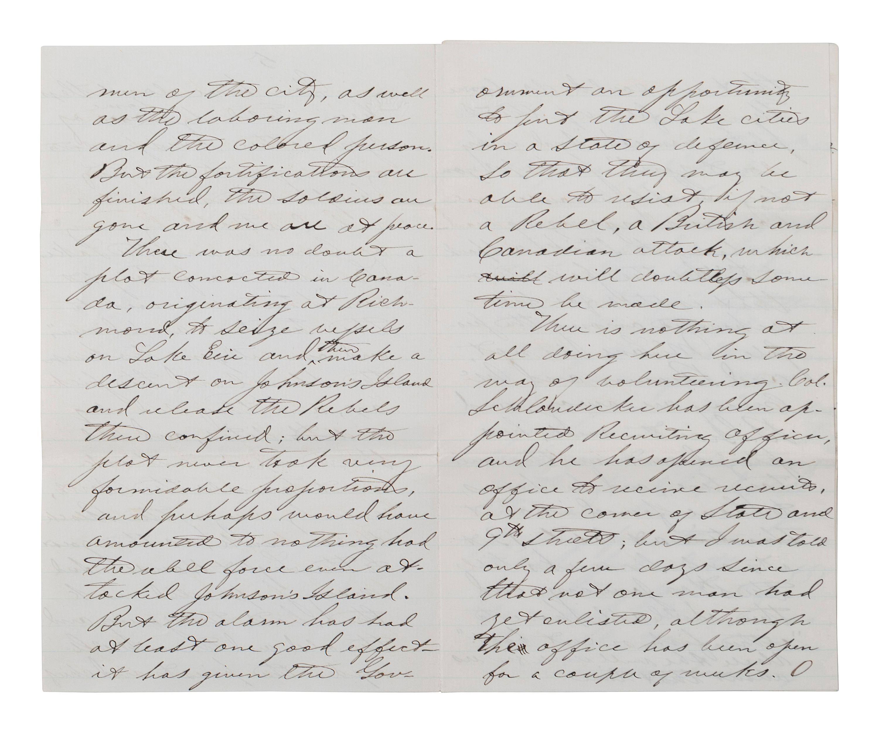 [CIVIL WAR]. Military preparations against a rebel attack by way of Canada and Lake Erie described in 18 pp. letter to Lt. Col. McCreary of the 145th Pennsylvania.