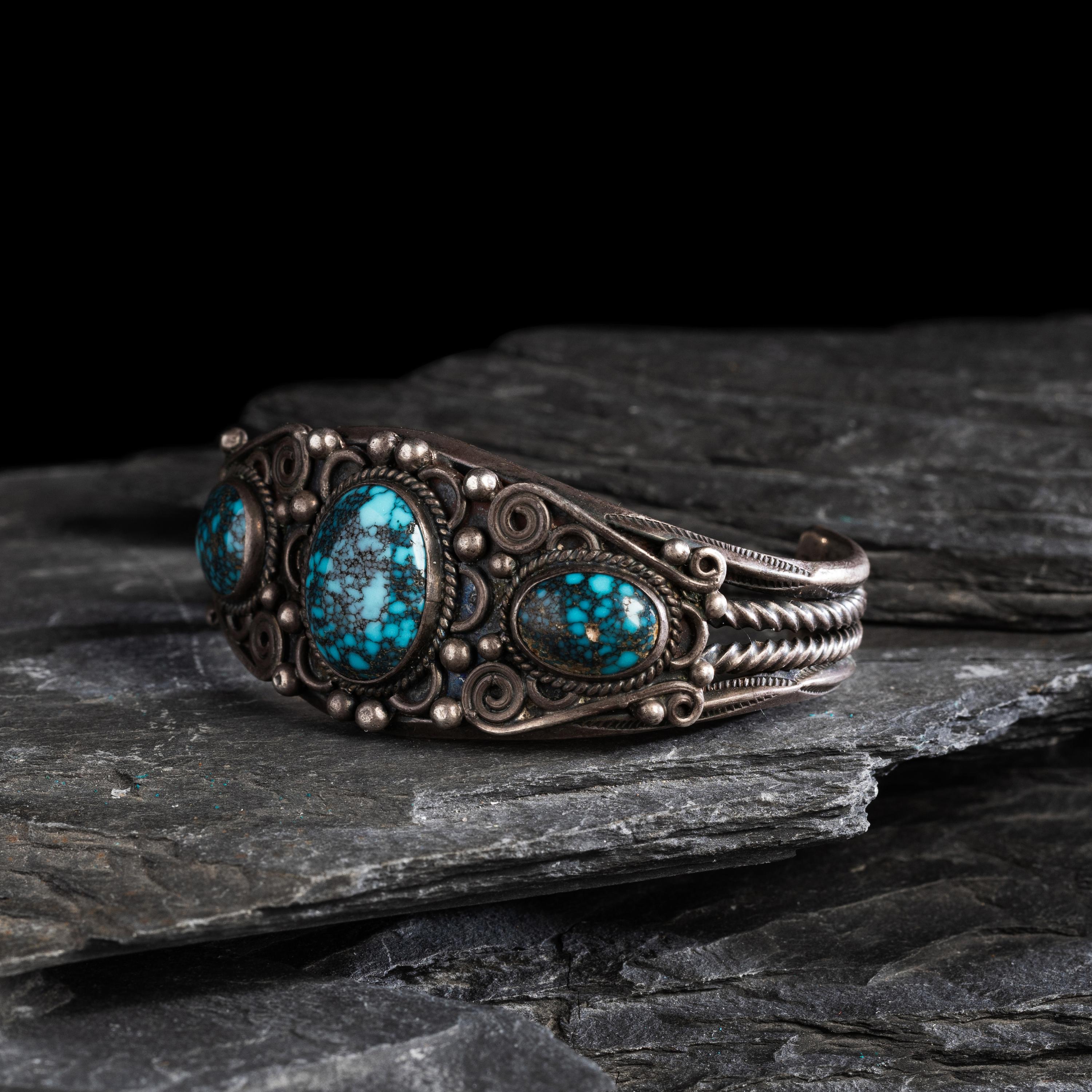 Navajo Silver and High Grade Spiderweb Turquoise Cuff Bracelet