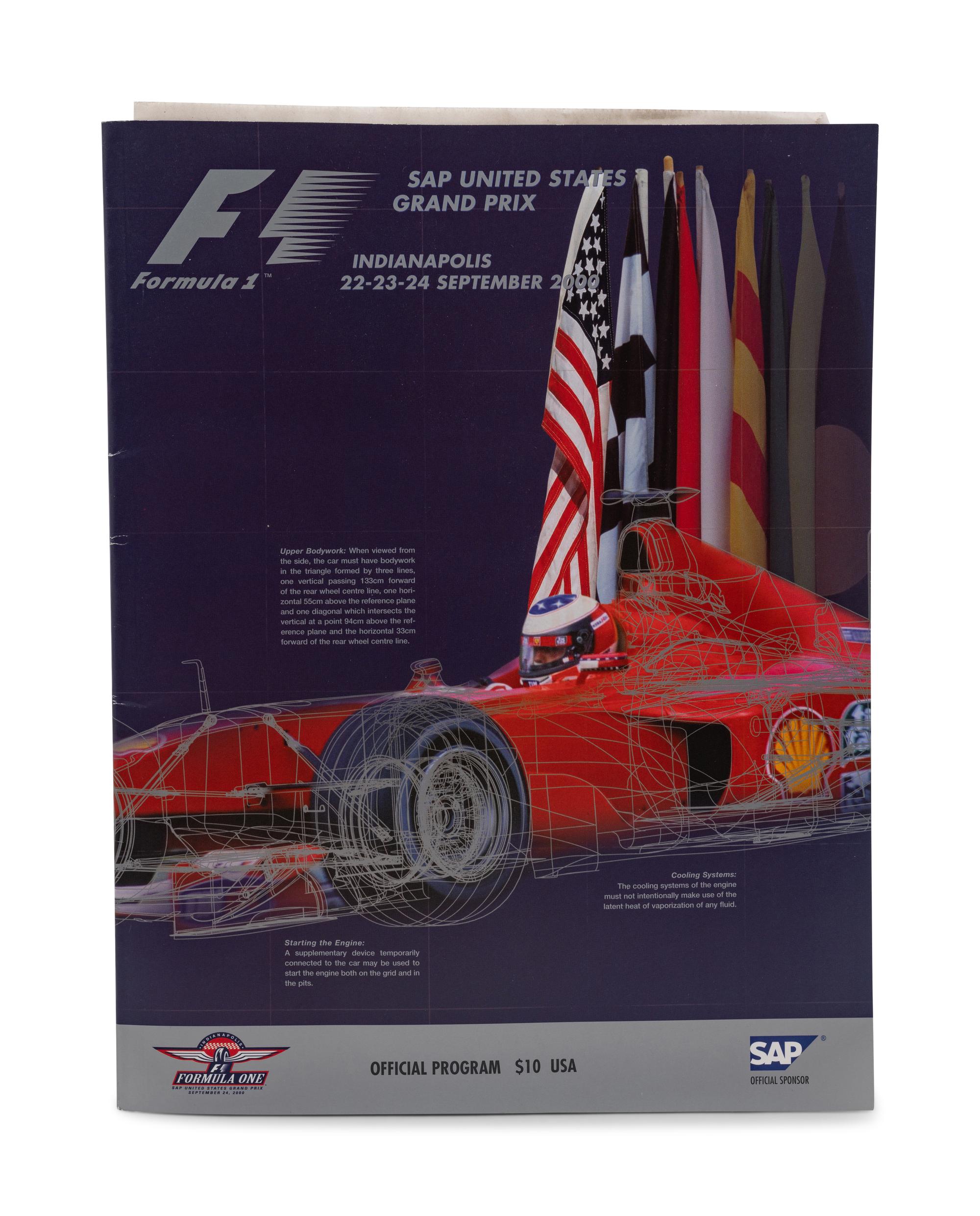 A Michael Schumacher Signed Autograph Ferrari Hat and Unsigned 2000 Indianapolis Formula 1 SAP United States Grand Prix Event Program,