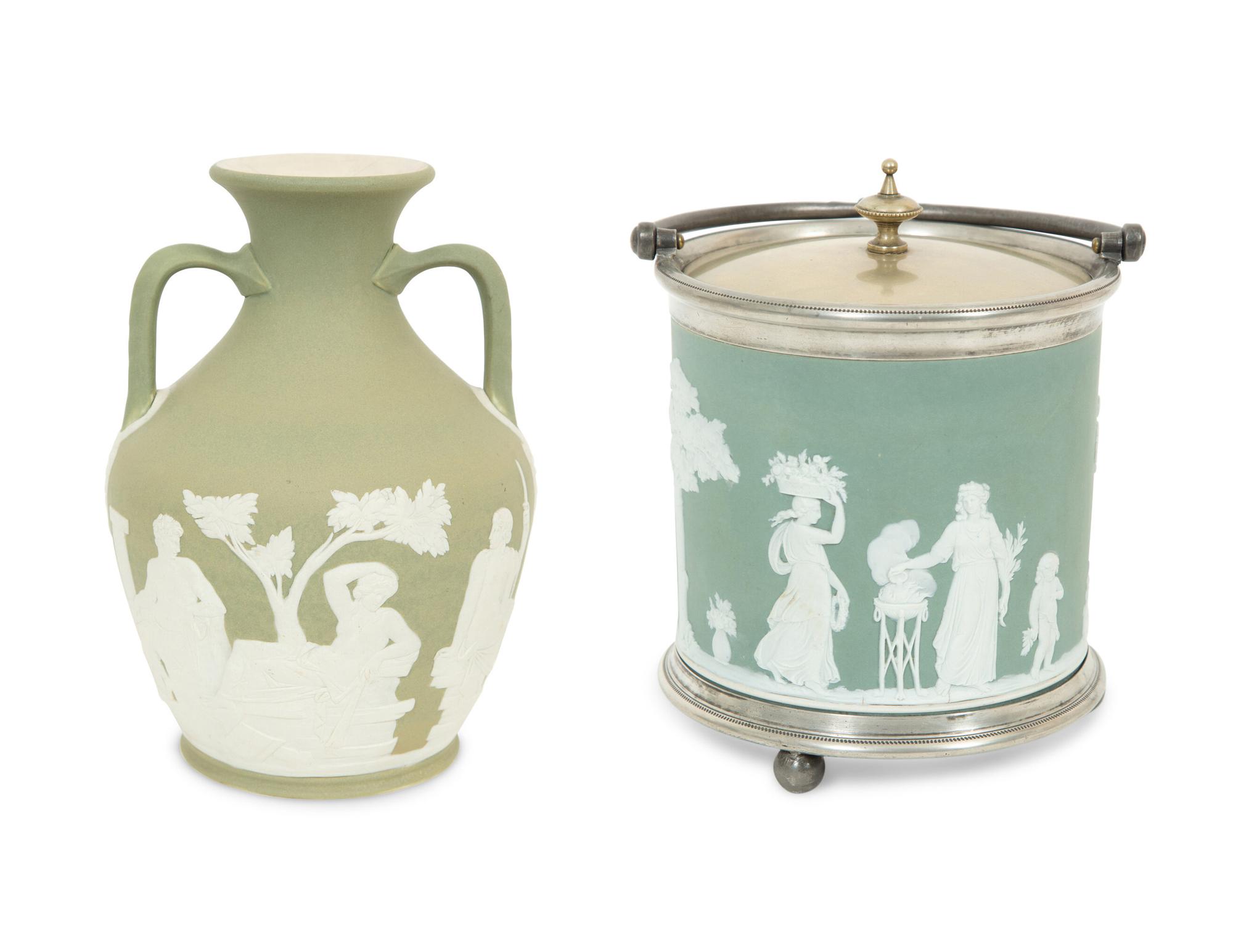 A Green Wedgwood Jasperware Portland Vase and Biscuit Barrell with Silver Plate Handle, Top and Base combined with biscuit barrell 323704/124