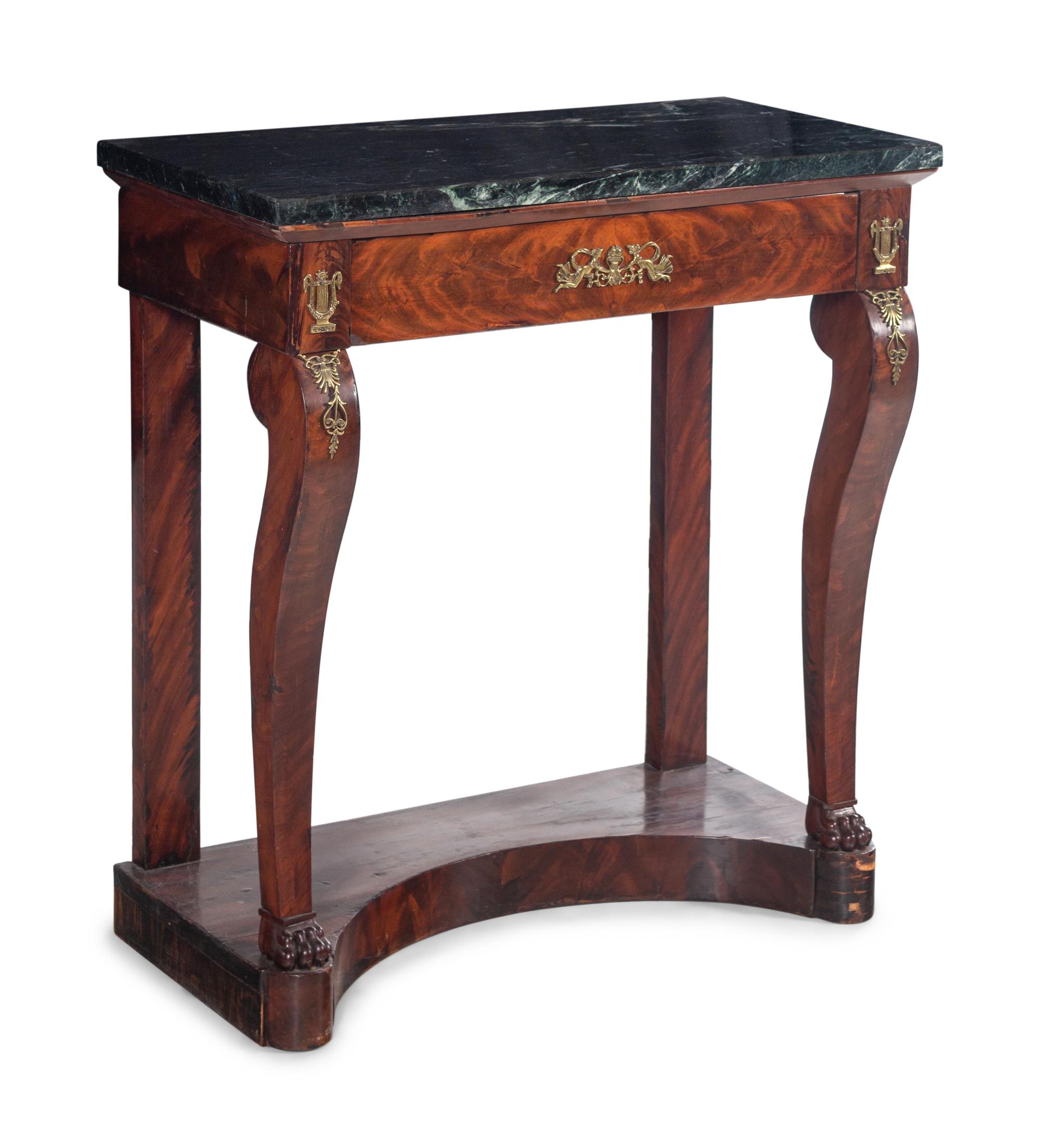 An Empire Style Gilt Metal Mounted Mahogany Marble-Top Console Table