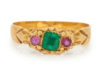 An Edwardian 18 Karat Yellow Gold, Emerald and Ruby Ring,