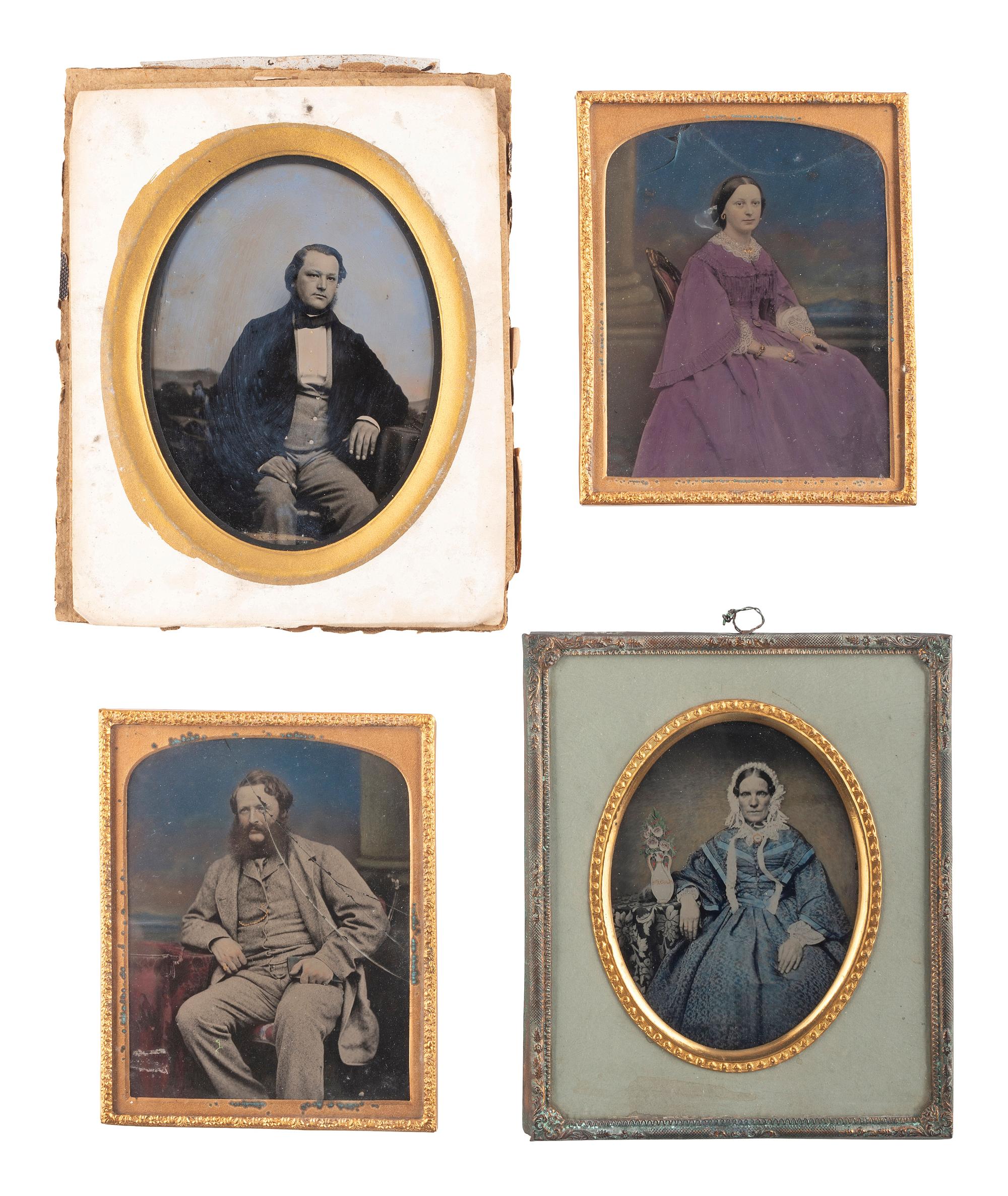 [EARLY PHOTOGRAPHY]. A group of 13 European daguerreotype and ambrotype portraits featuring applied color, including: