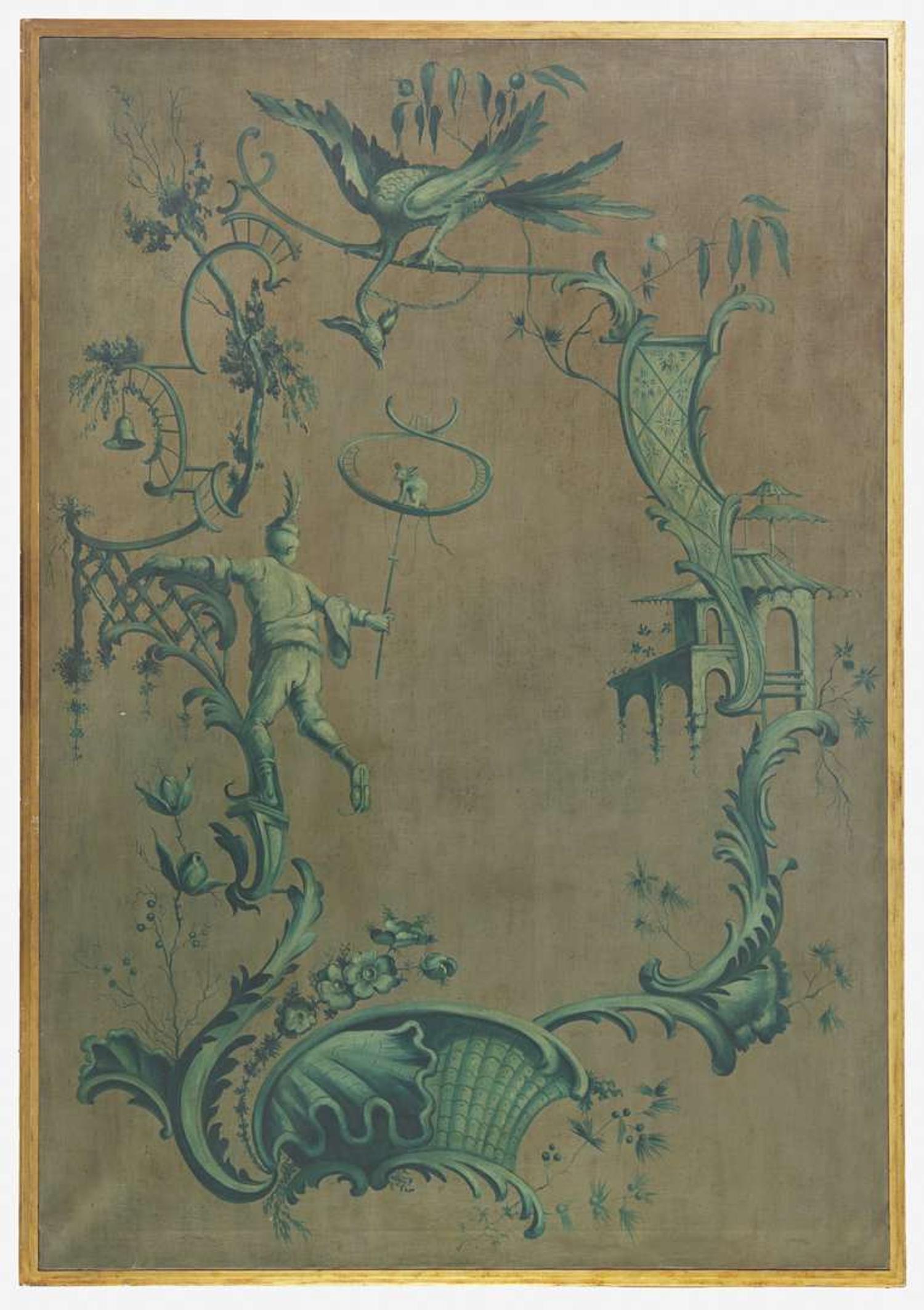 A Chinoiserie painted wall panel, probably early 20th century