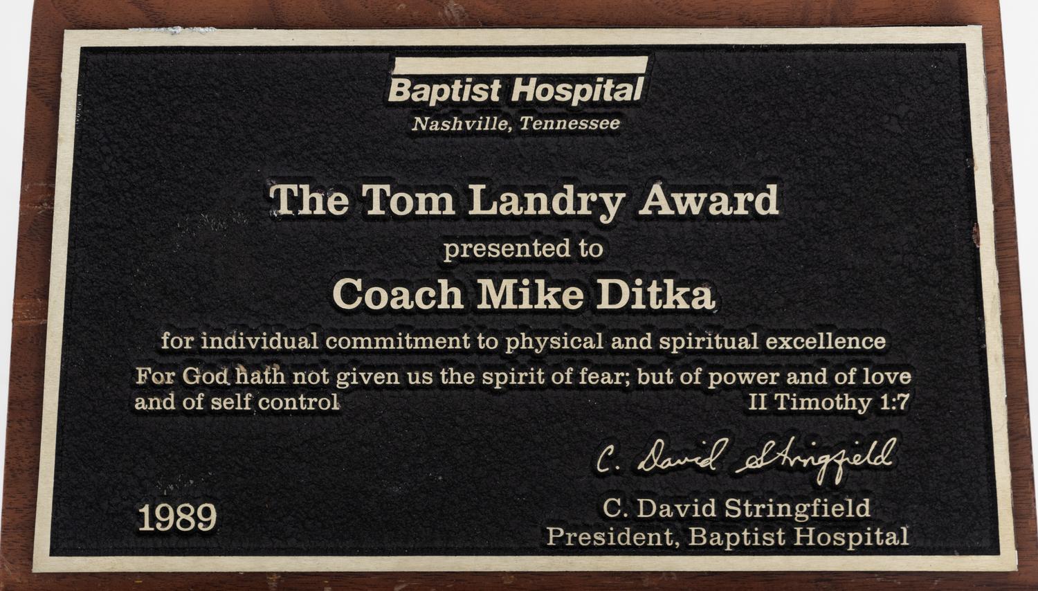 A 1989 Baptist Hospital of Nashville Tom Landry Award Present to Mike Ditka Formerly Displayed at Mike Ditka's Restaurant