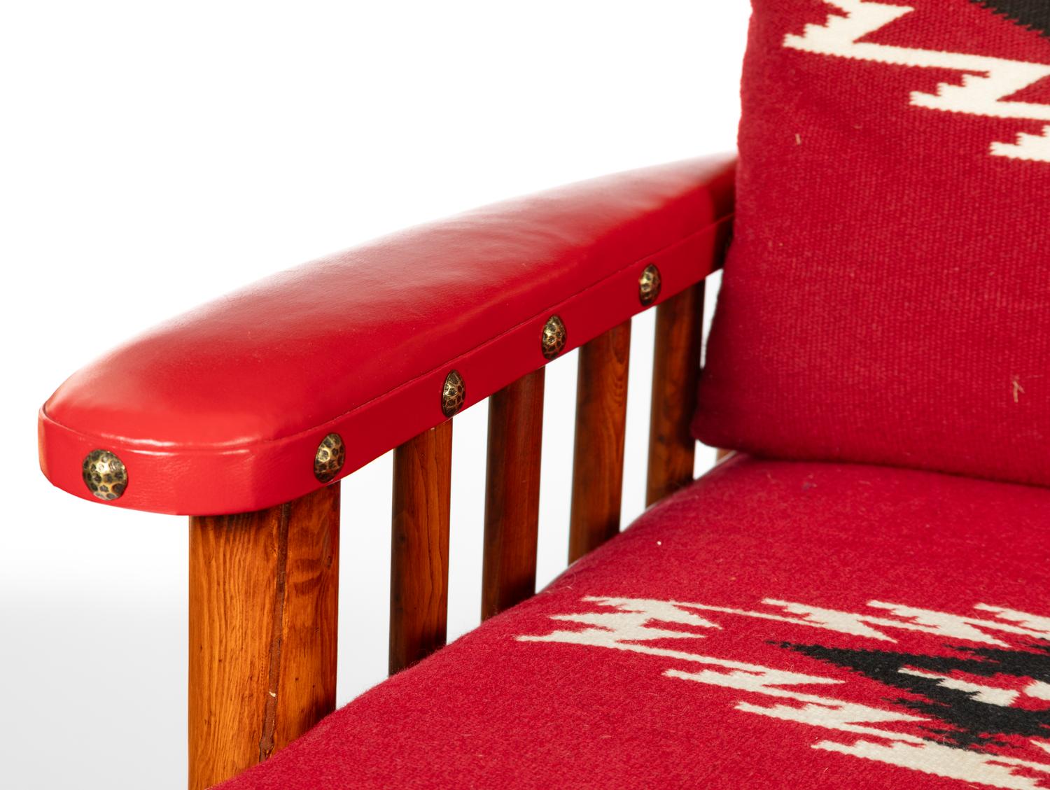 Spindle Sided Couch with leather and Chimayo Weavings, circa 1945