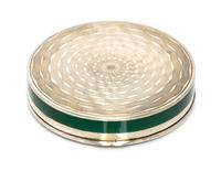 A Continental Silver and Enamel Compact, Import Mark C&C, London, 1925, of circular form, the lid with gilt and red foliate elements on