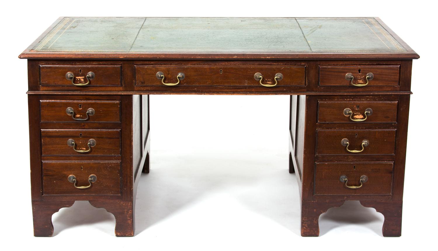A George III Style Mahogany Double-Pedestal Desk Height 29 1/2 x width 60 x depth 36 inches. — 19TH CENTURY