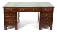 A George III Style Mahogany Double-Pedestal Desk Height 29 1/2 x width 60 x depth 36 inches. — 19TH CENTURY
