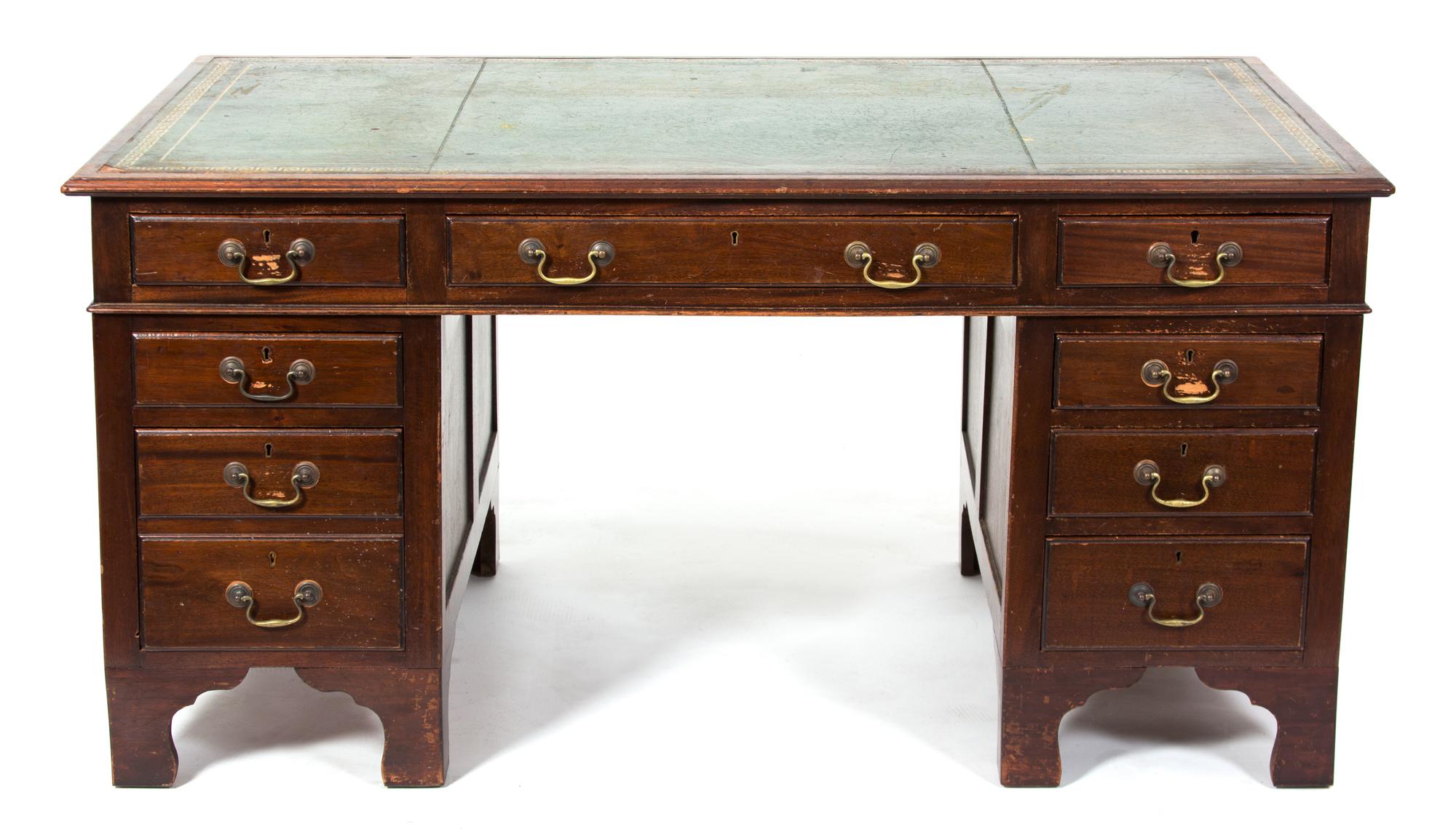 A George III Style Mahogany Double-Pedestal Desk Height 29 1/2 x width 60 x depth 36 inches. — 19TH CENTURY